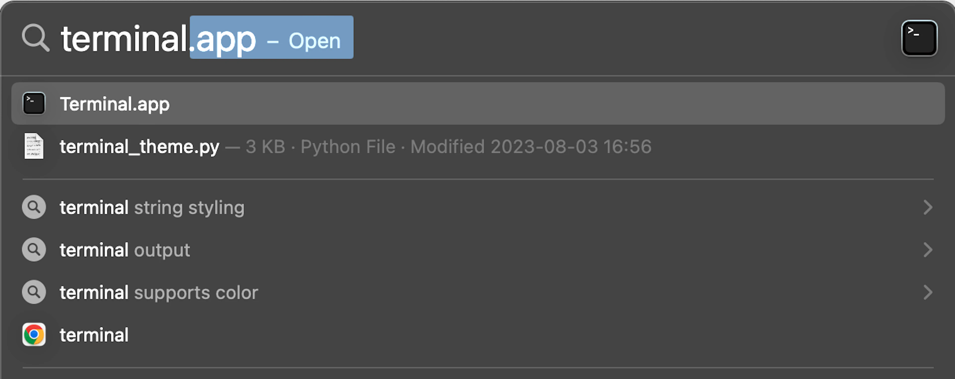 Using macOS Spotlight Search to find the terminal