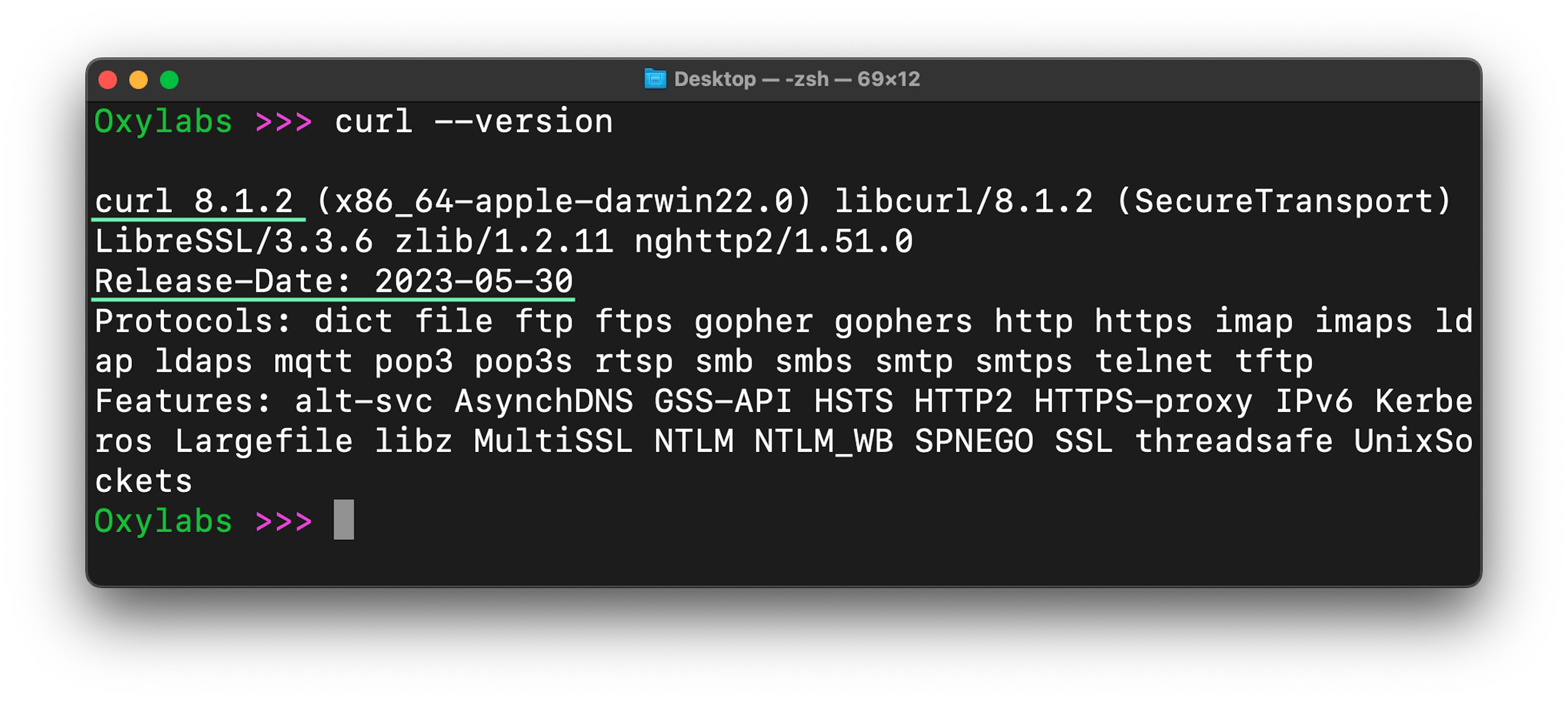 Checking the curl version in the terminal