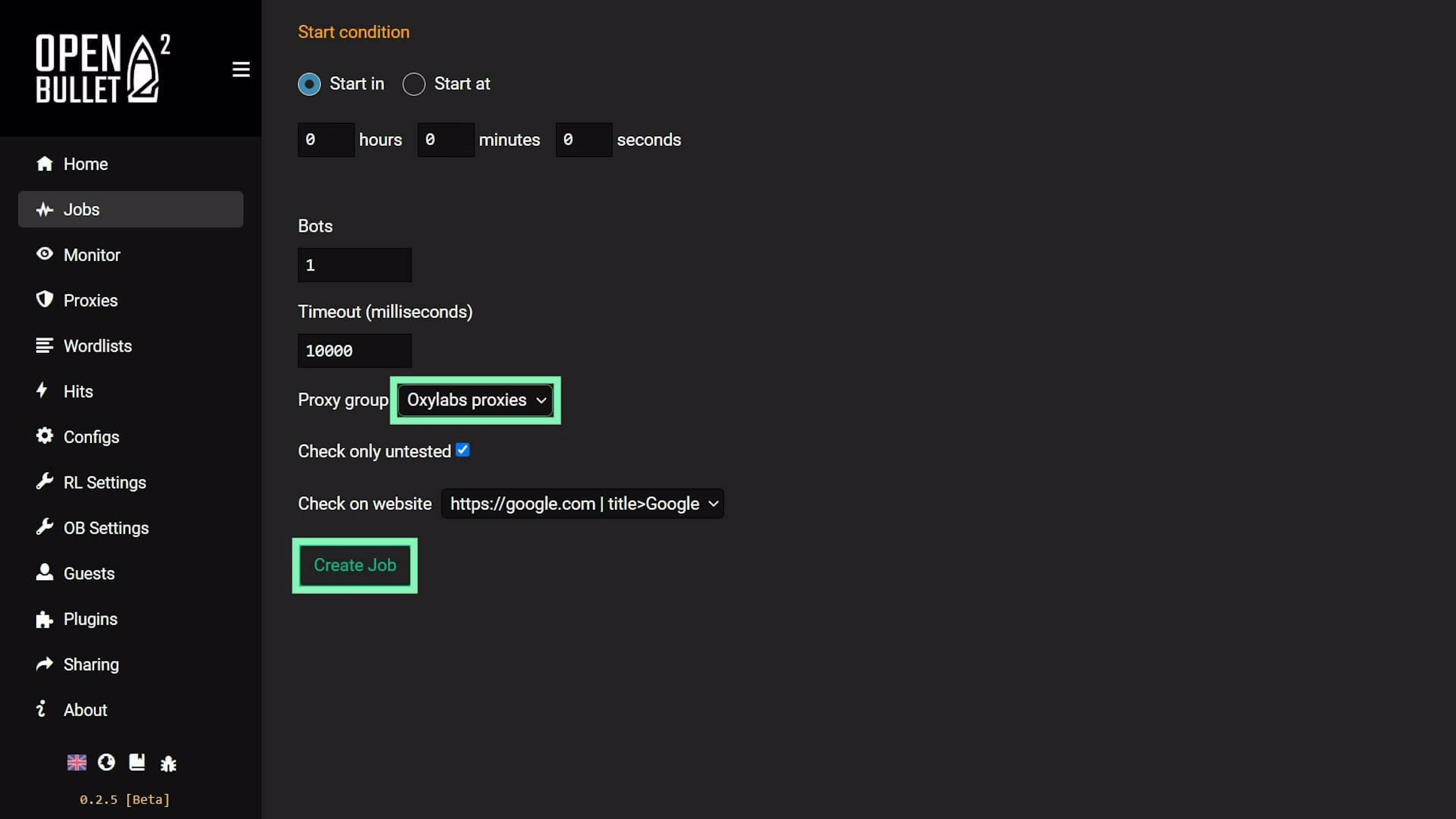 Configuring the job's settings
