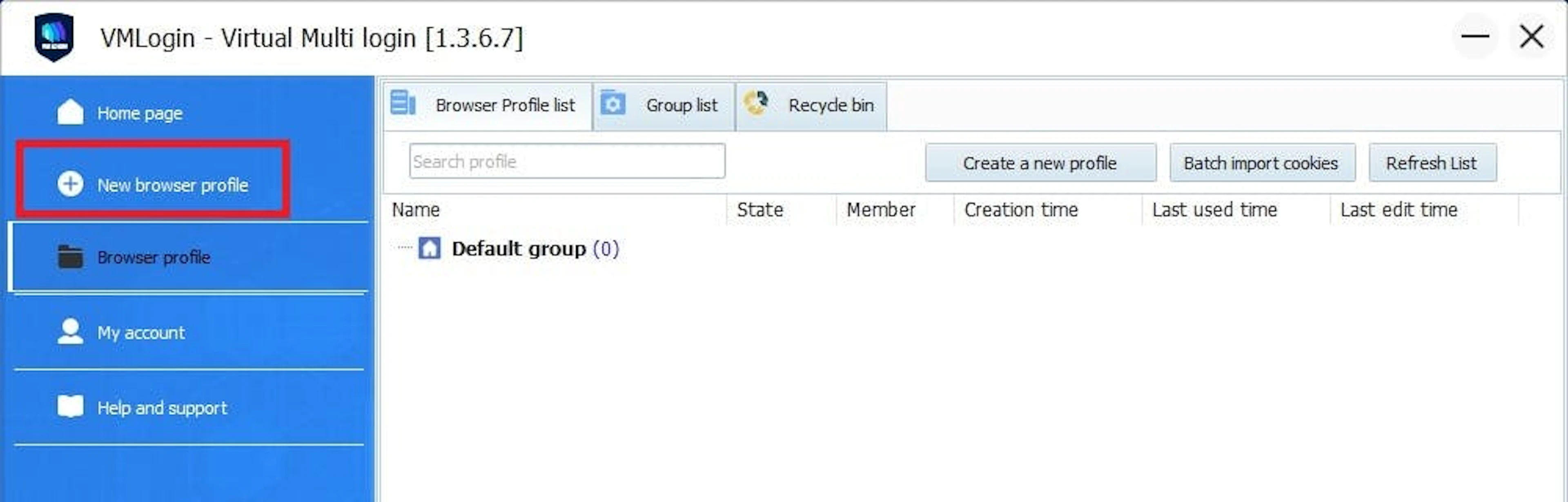 Selecting a new browser profile