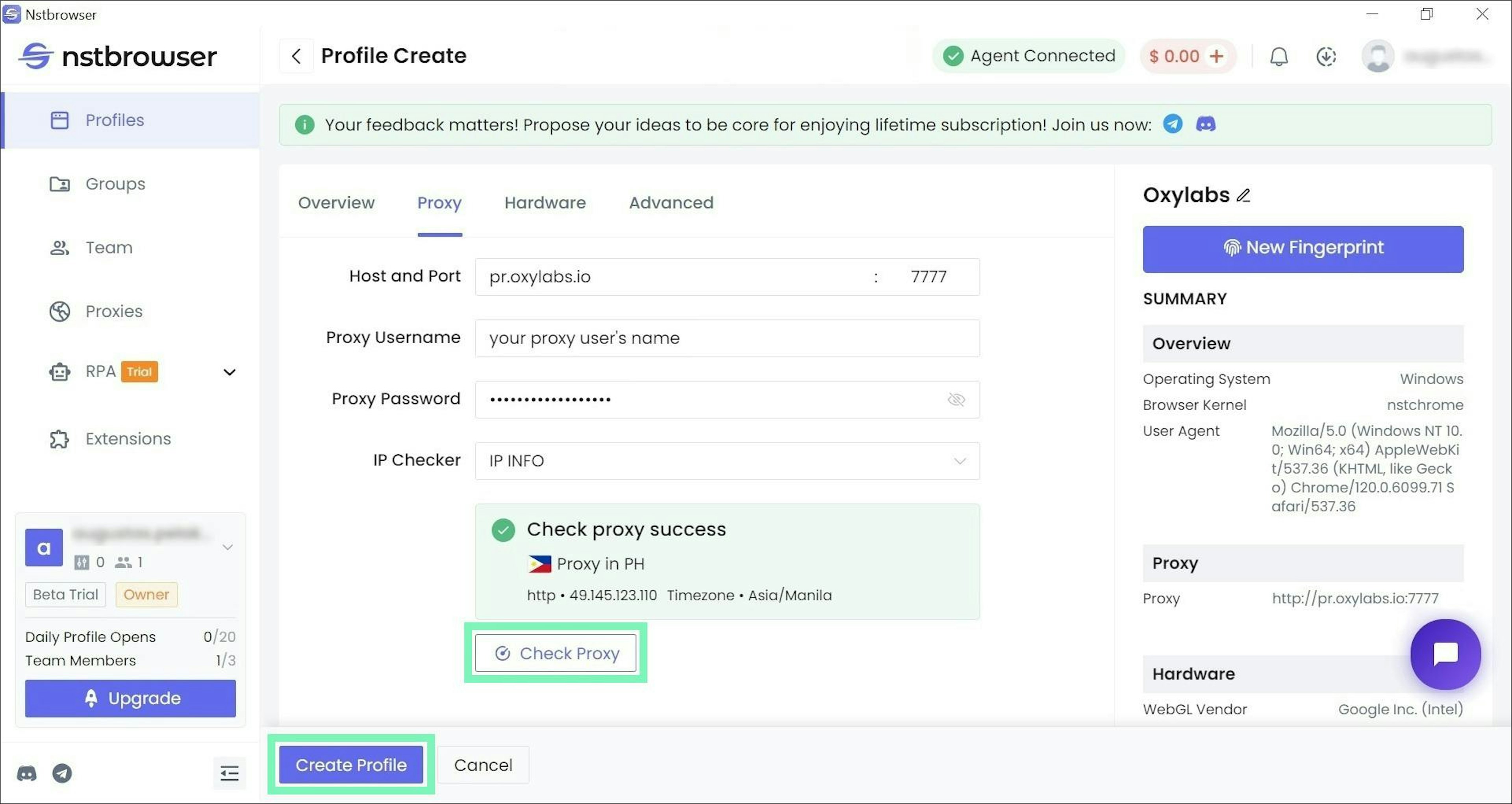 Testing a proxy connection