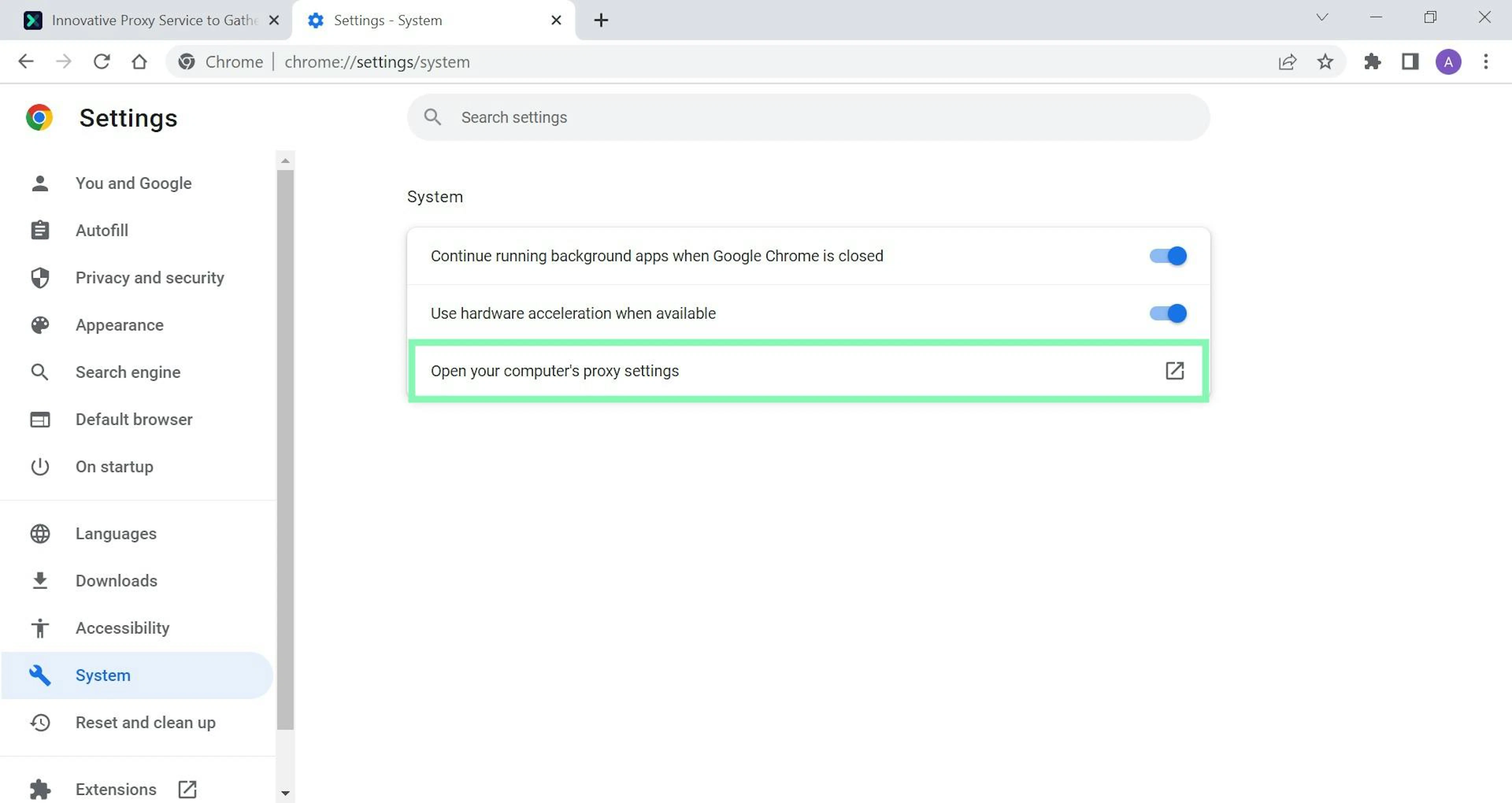 Click Open your computer’s proxy settings screenshot