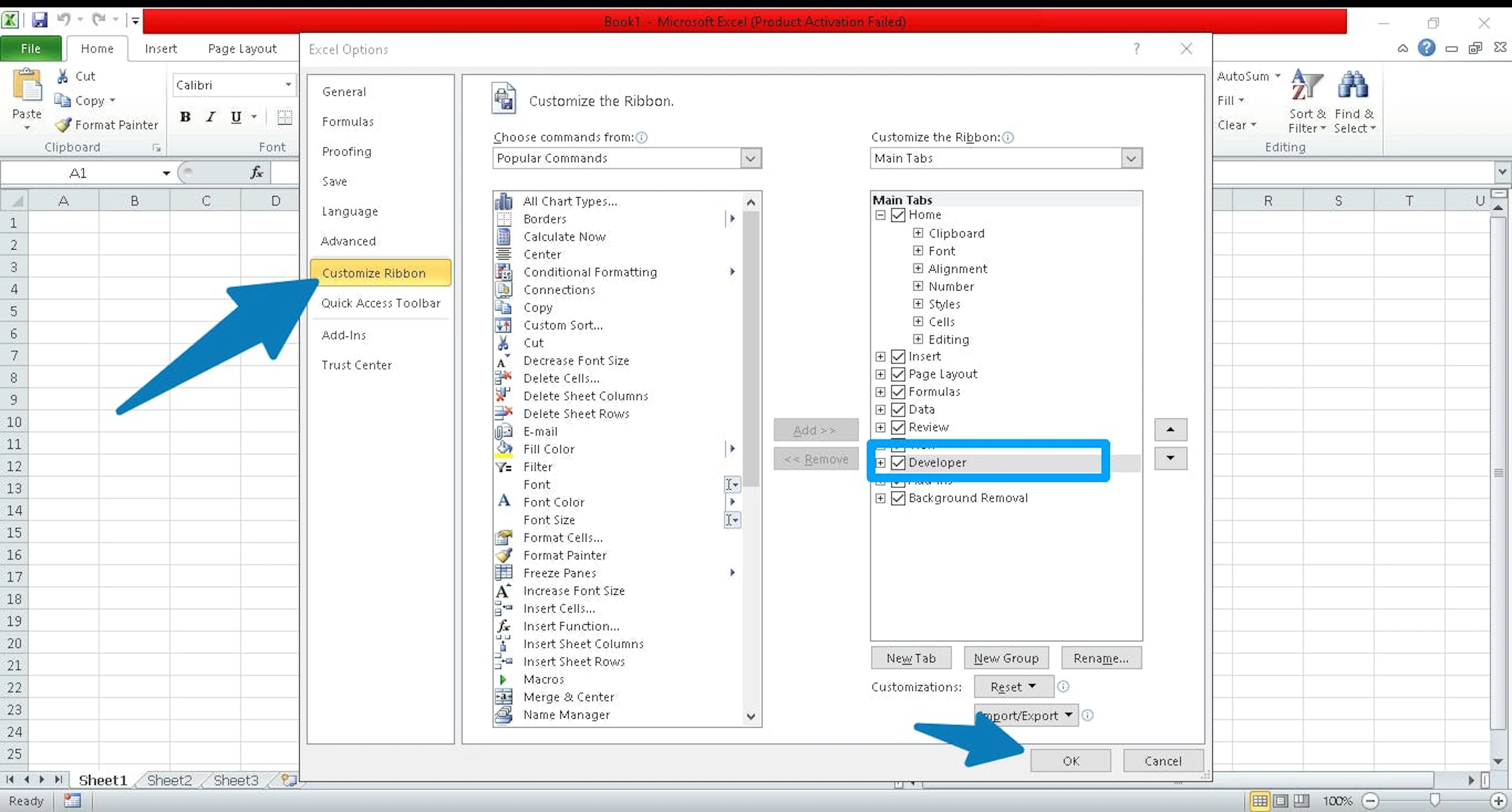 Select Customize Ribbon example screenshot
