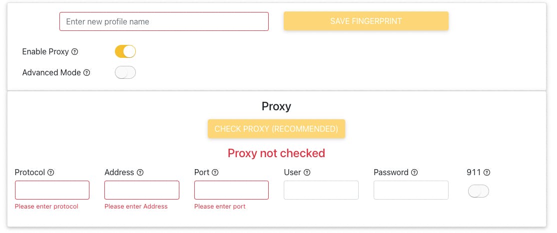 After a fingerprint is generated, you can add proxy to your fingerprint profile.