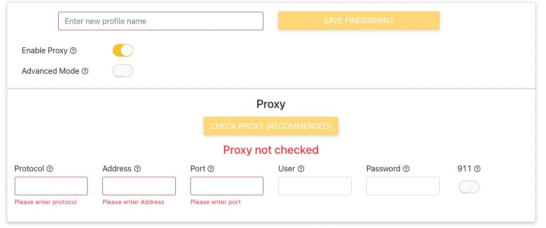 After a fingerprint is generated, you can add proxy to your fingerprint profile.