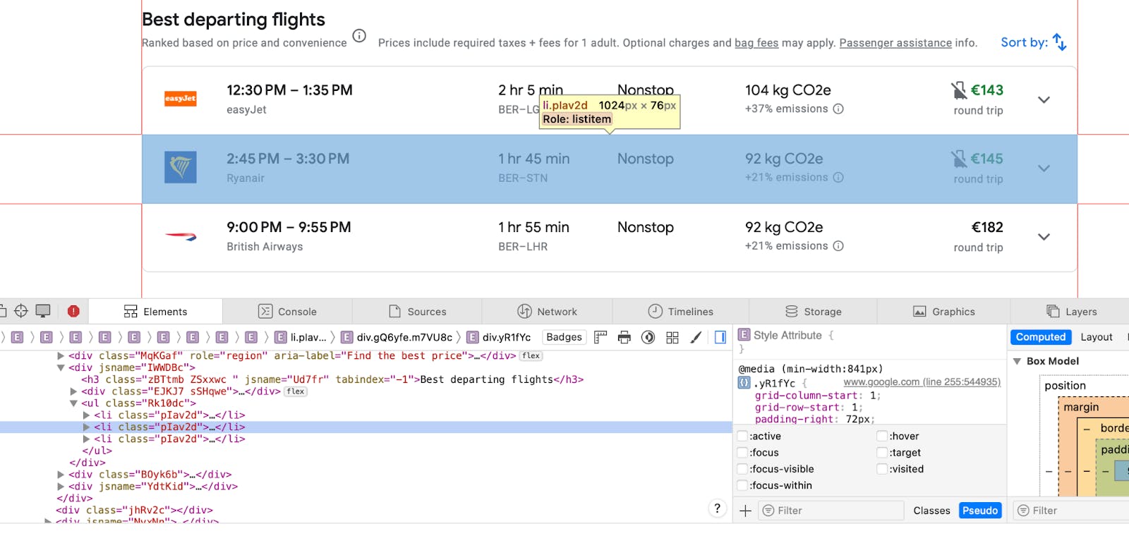Google flights API python tutorial – inspecting the HTML of the Google Flights page, showcasing that all the flight listings are inside a <li> HTML object with the class pIav2d