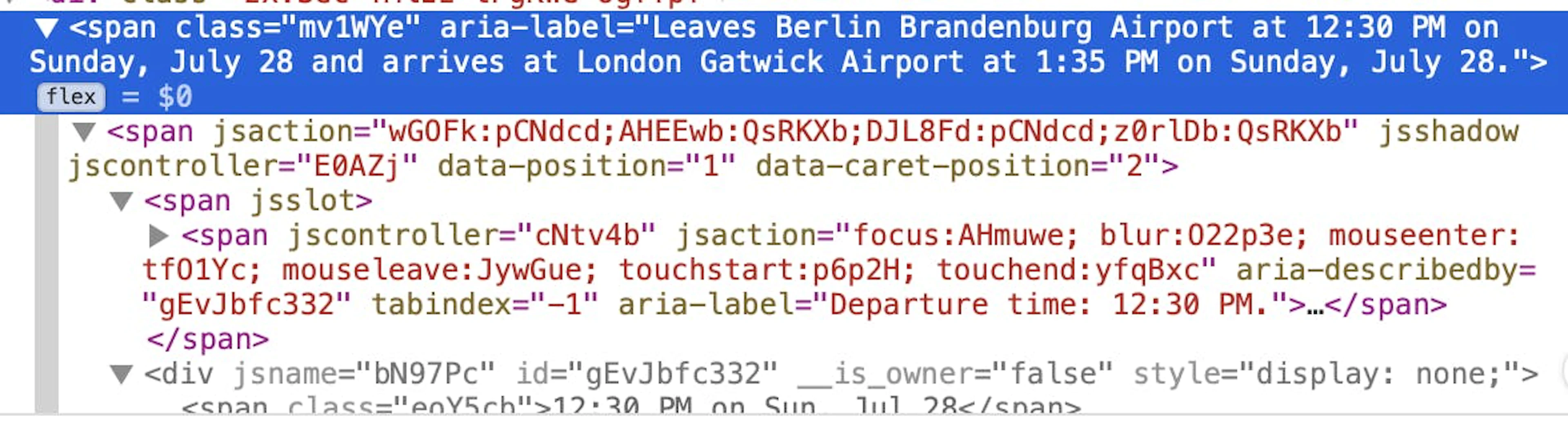 API google flights tutorial – screenshot of a lot of inner span containers