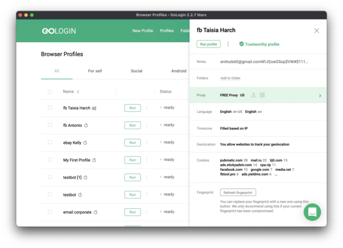 GoLogin dashboard