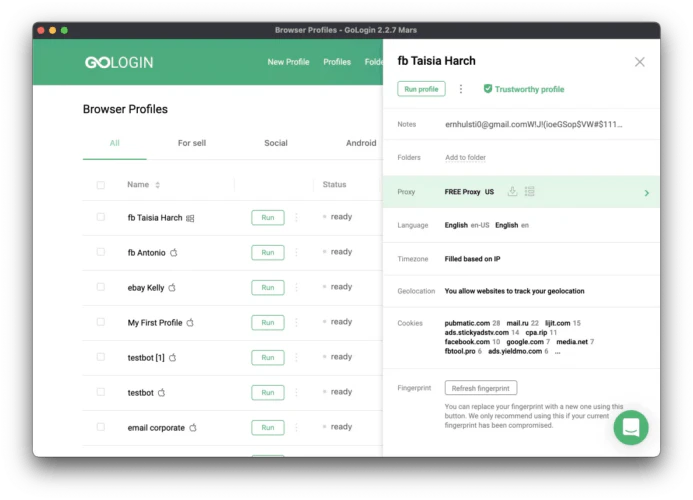 GoLogin dashboard