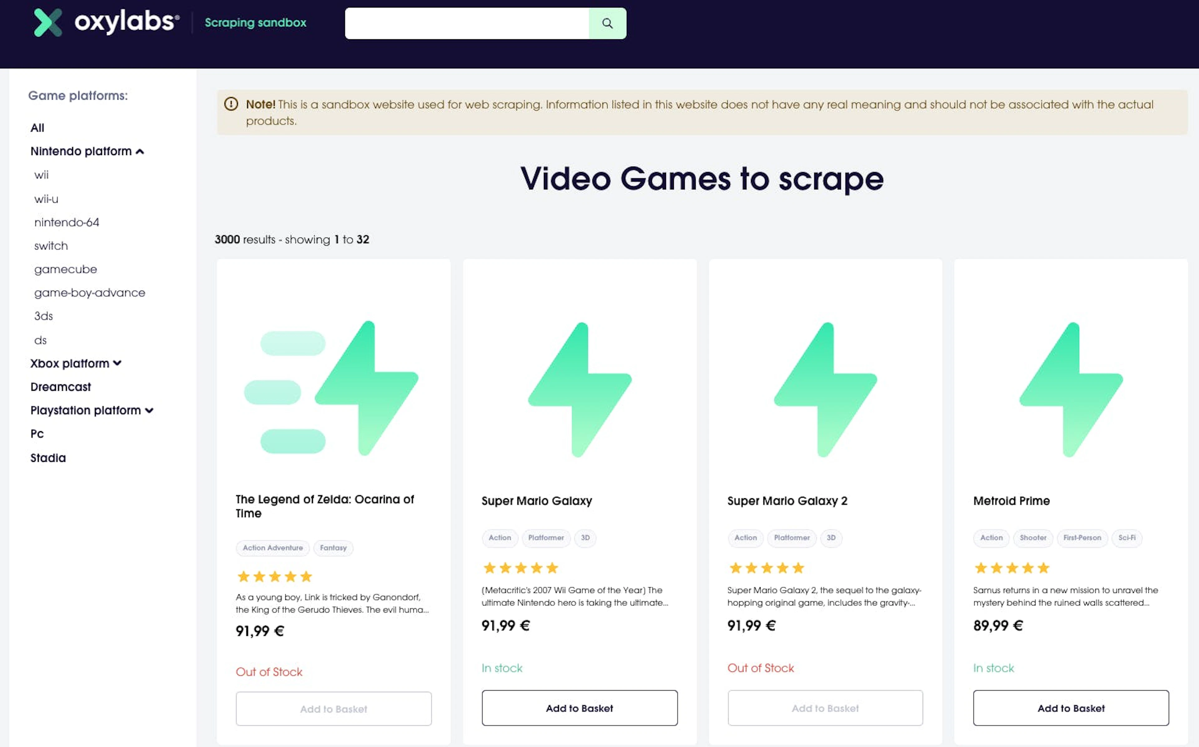 Overview of the Oxylabs sandbox for practicing web scraping