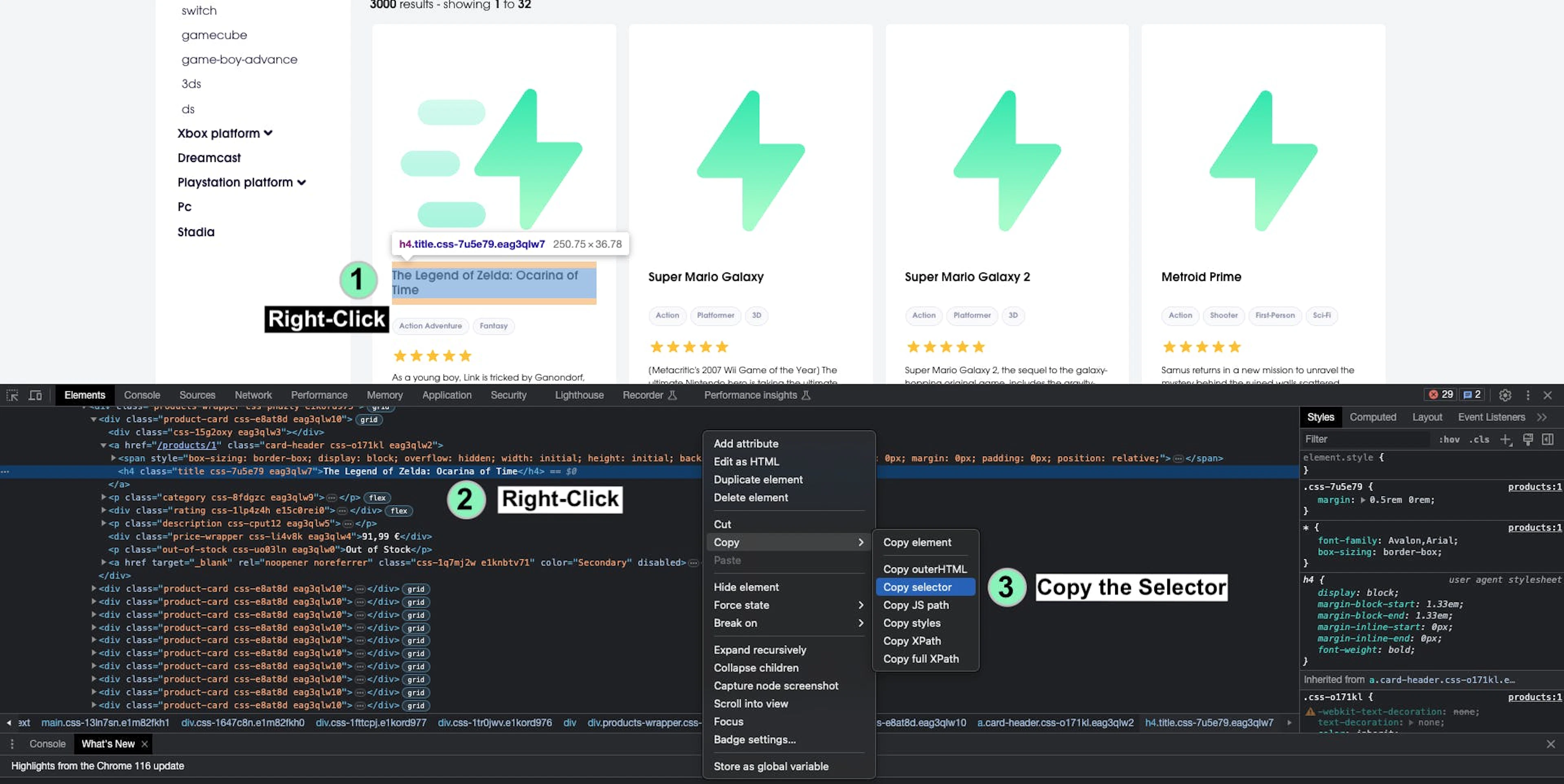 Copying the element's selector in Developer Tools