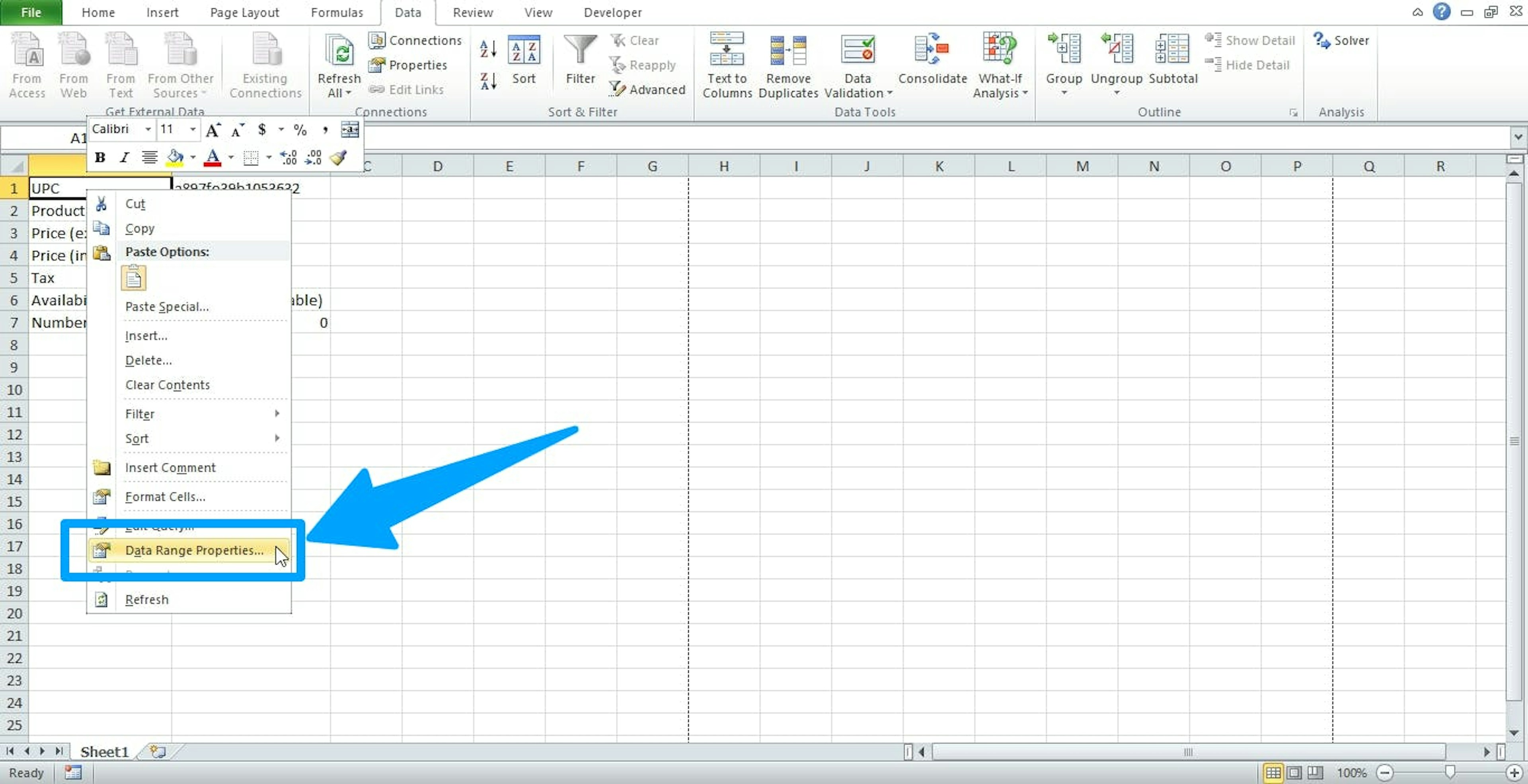 From the menu, you need to select "Data Range Properties"