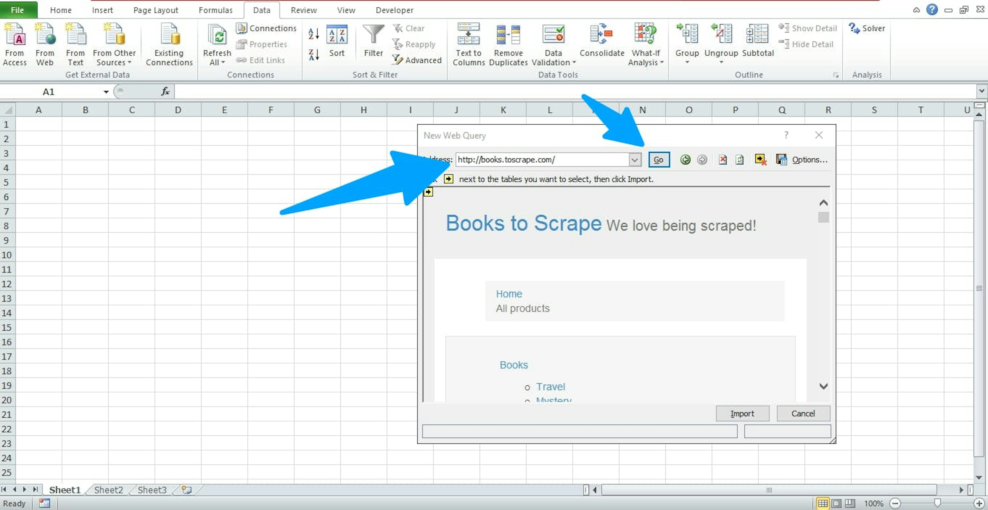 Type the URL "https://books.toscrape.com" and click "Go"