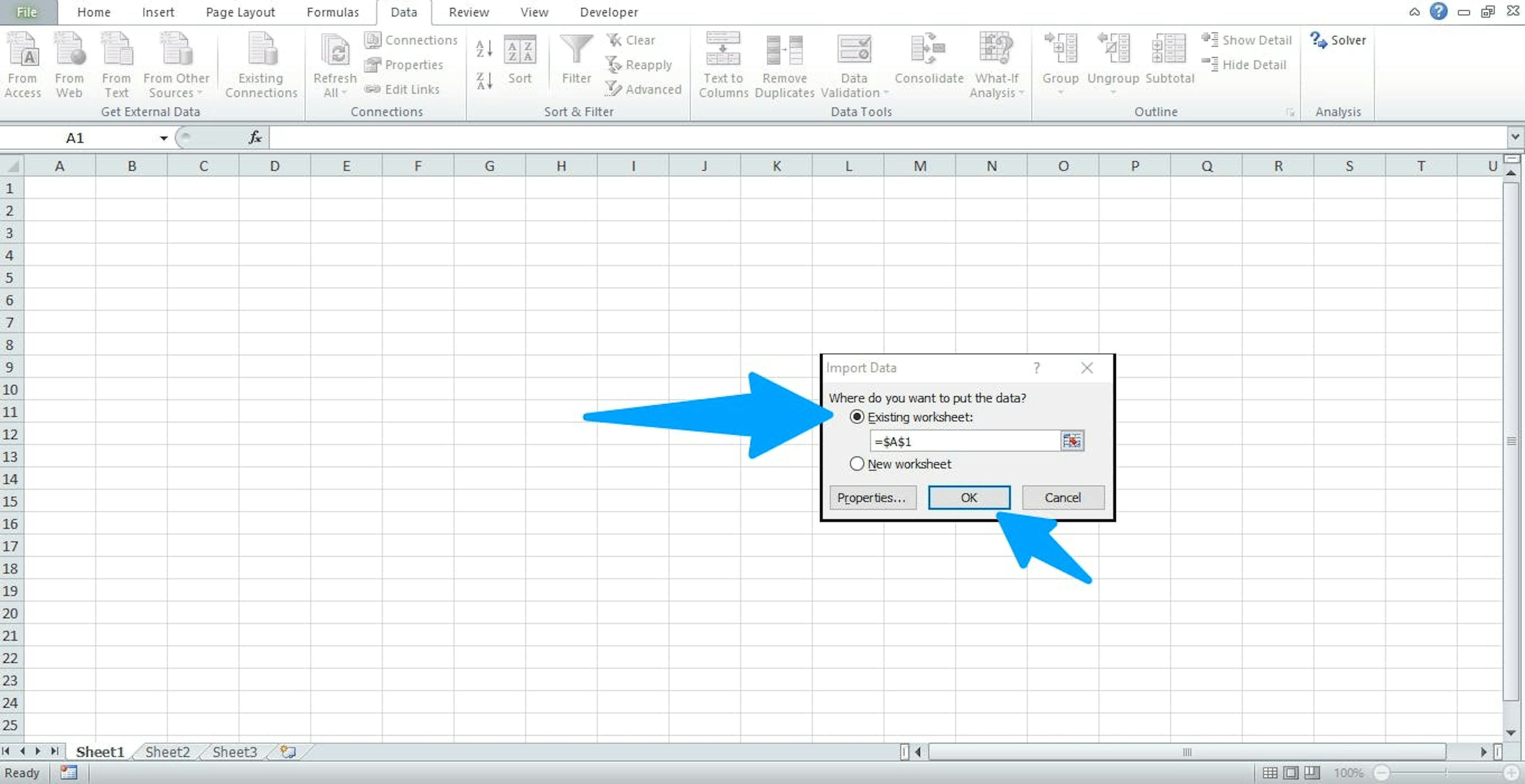 Select the "Existing worksheet" option and click "OK"