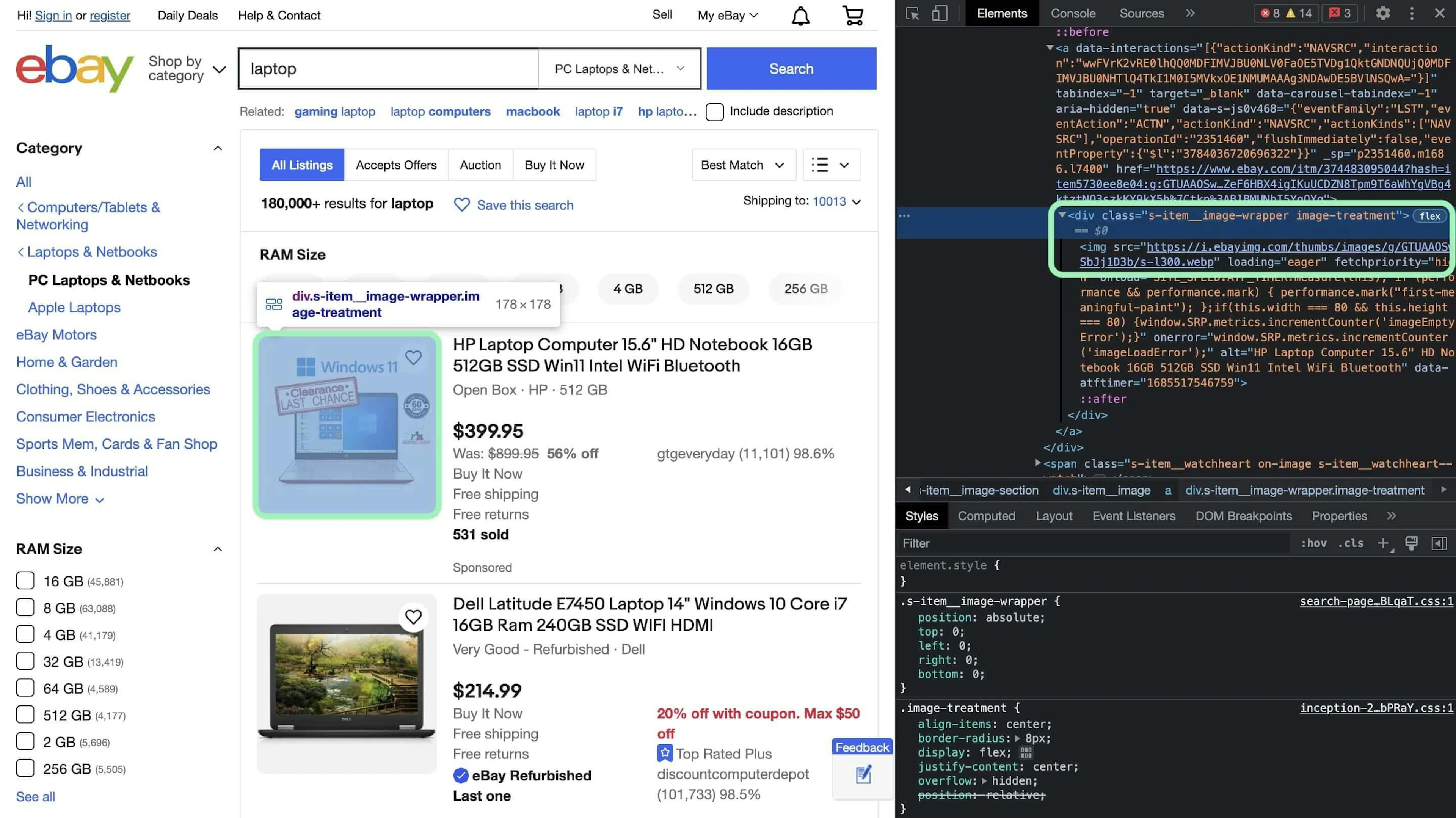 An example of eBay's product listing page for the keyword "laptop"