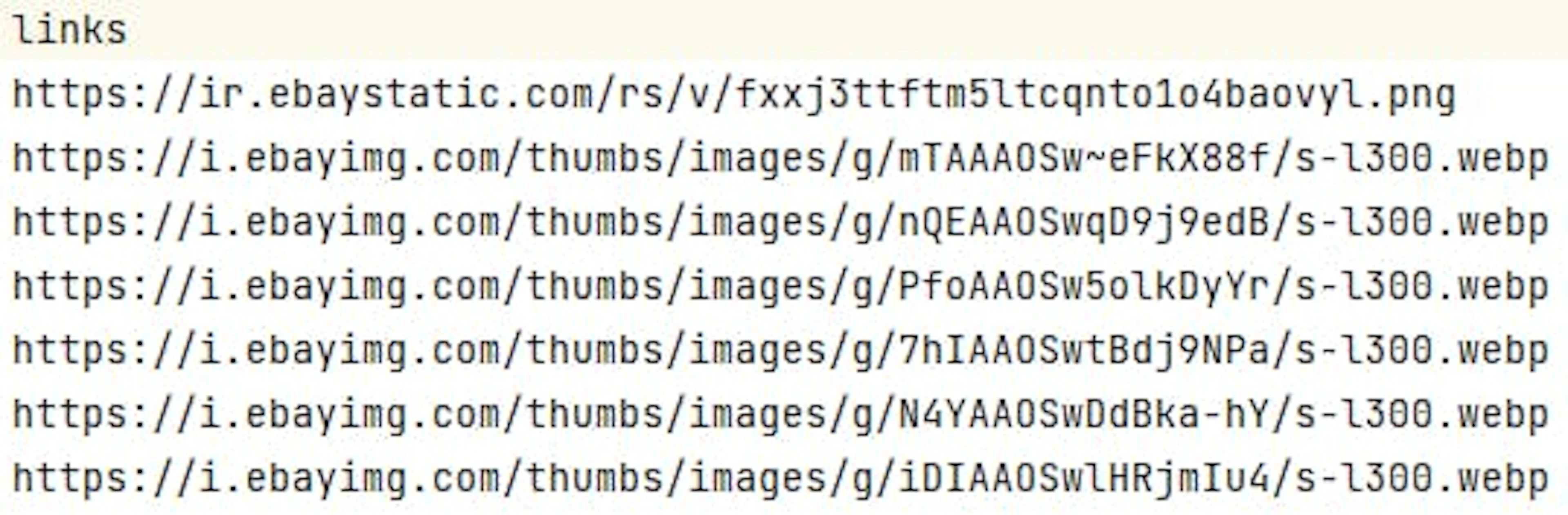 An example of scraped image URLs in a CSV format