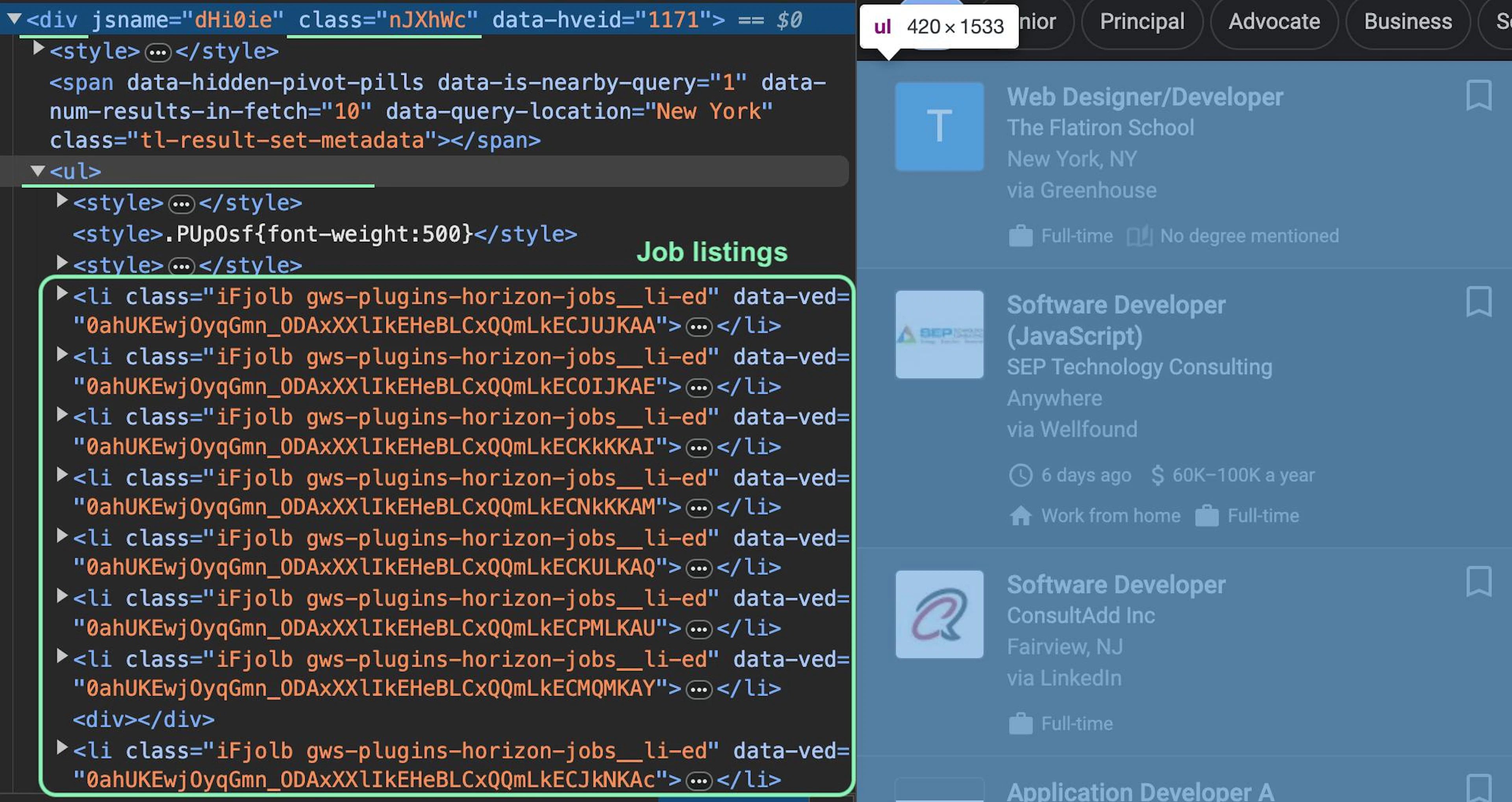 Inspecting the HTML structure of Google Jobs listings