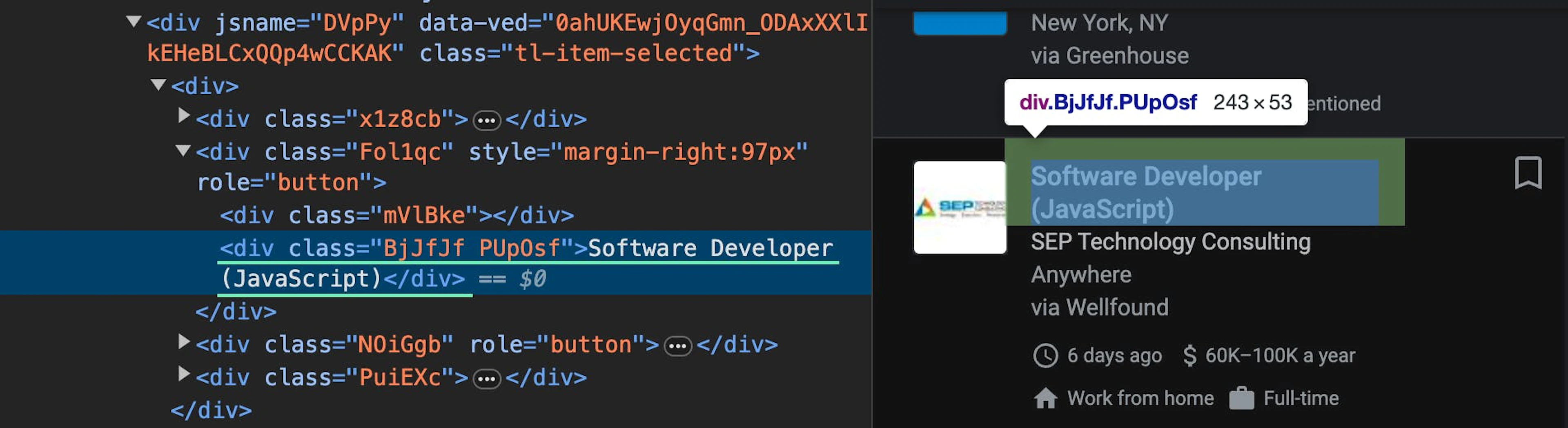 Finding the job title selector in the HTML