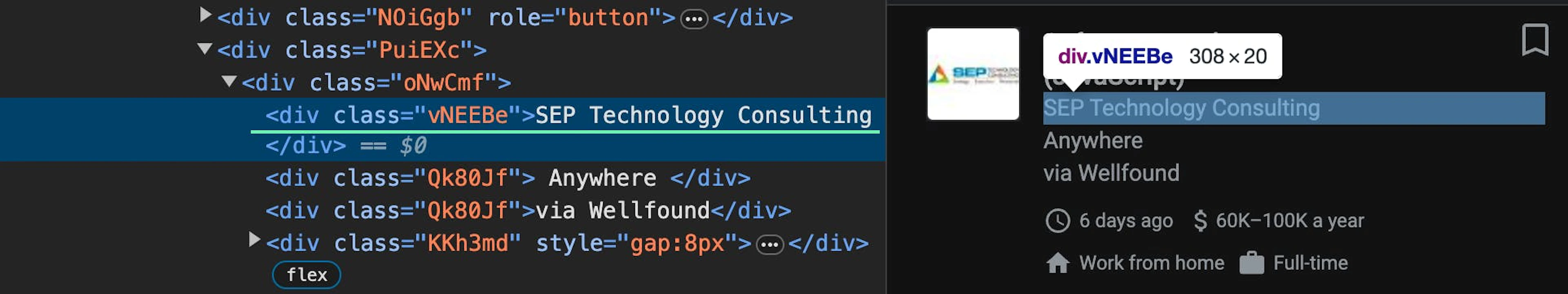 Finding the company name selector in the HTML