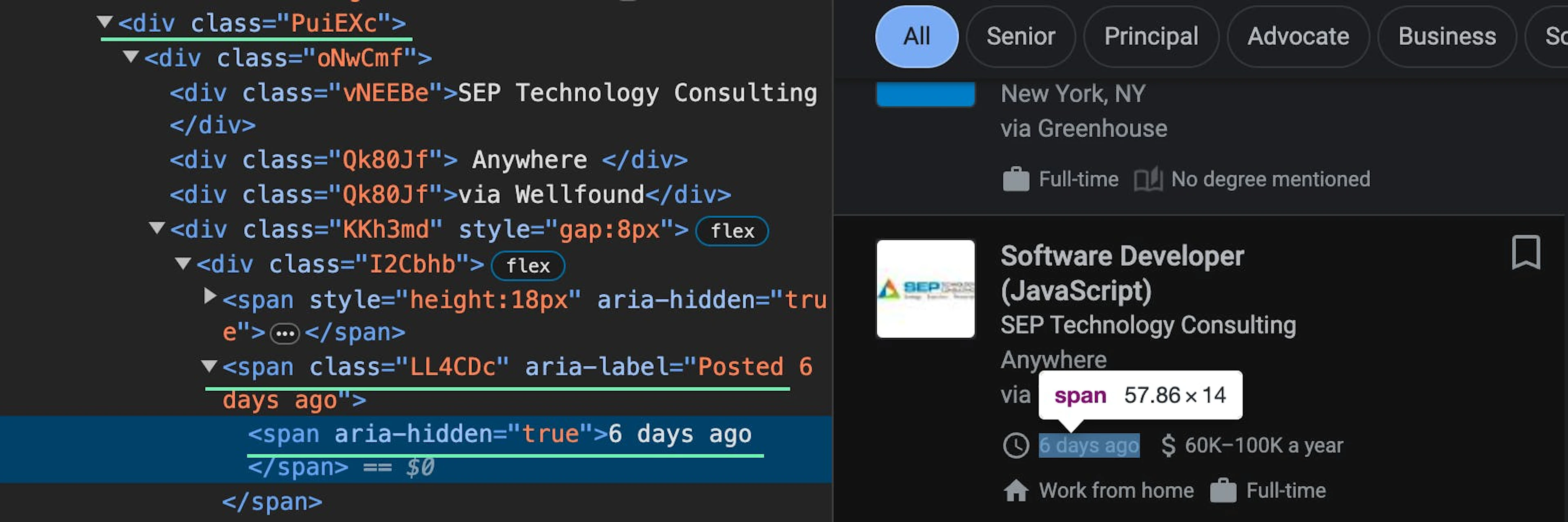 Finding the job listing date selector in the HTML