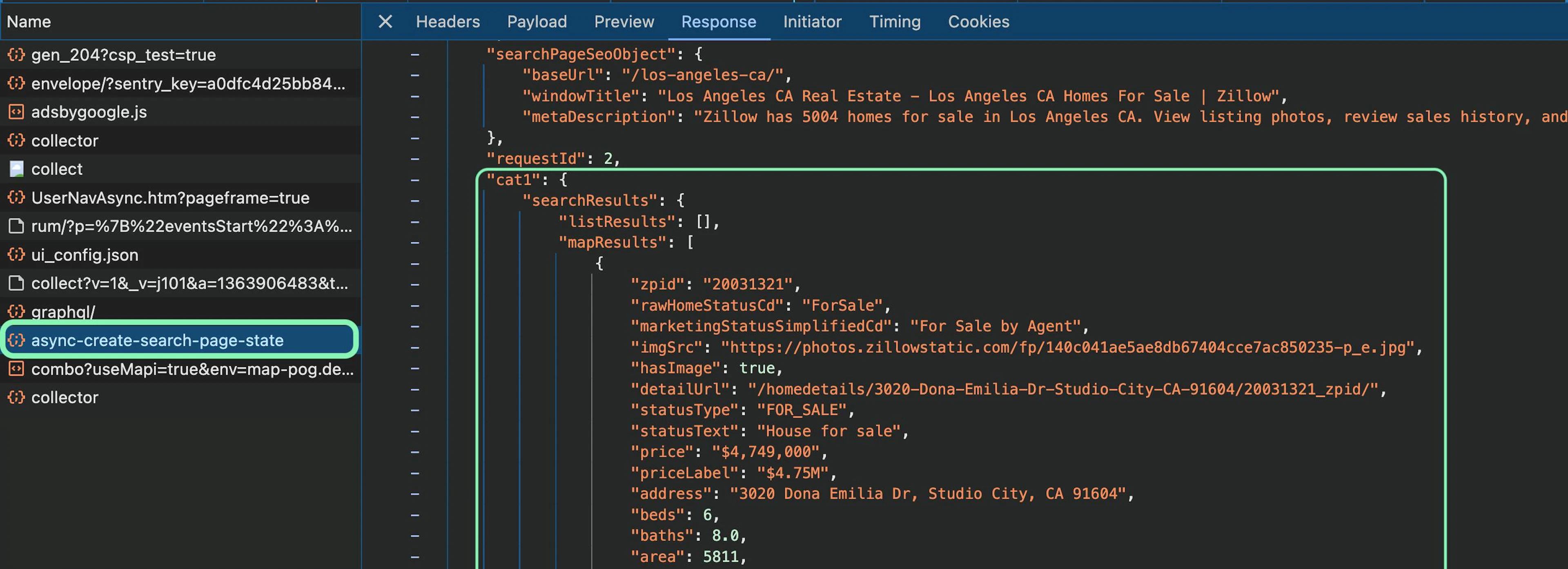 Inspecting the Zillow search results resource via Developer Tools > Network