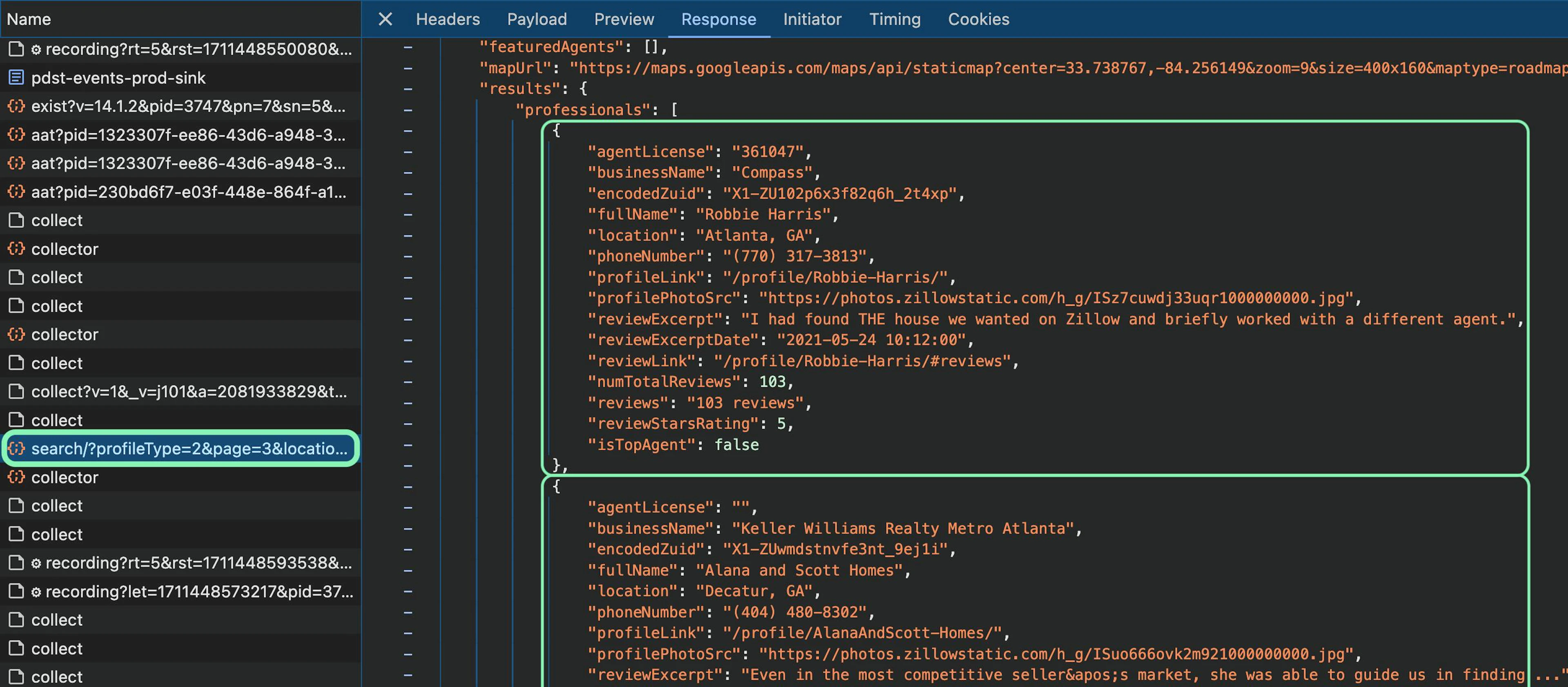 Inspecting the Zillow agents resource via Developer Tools > Network