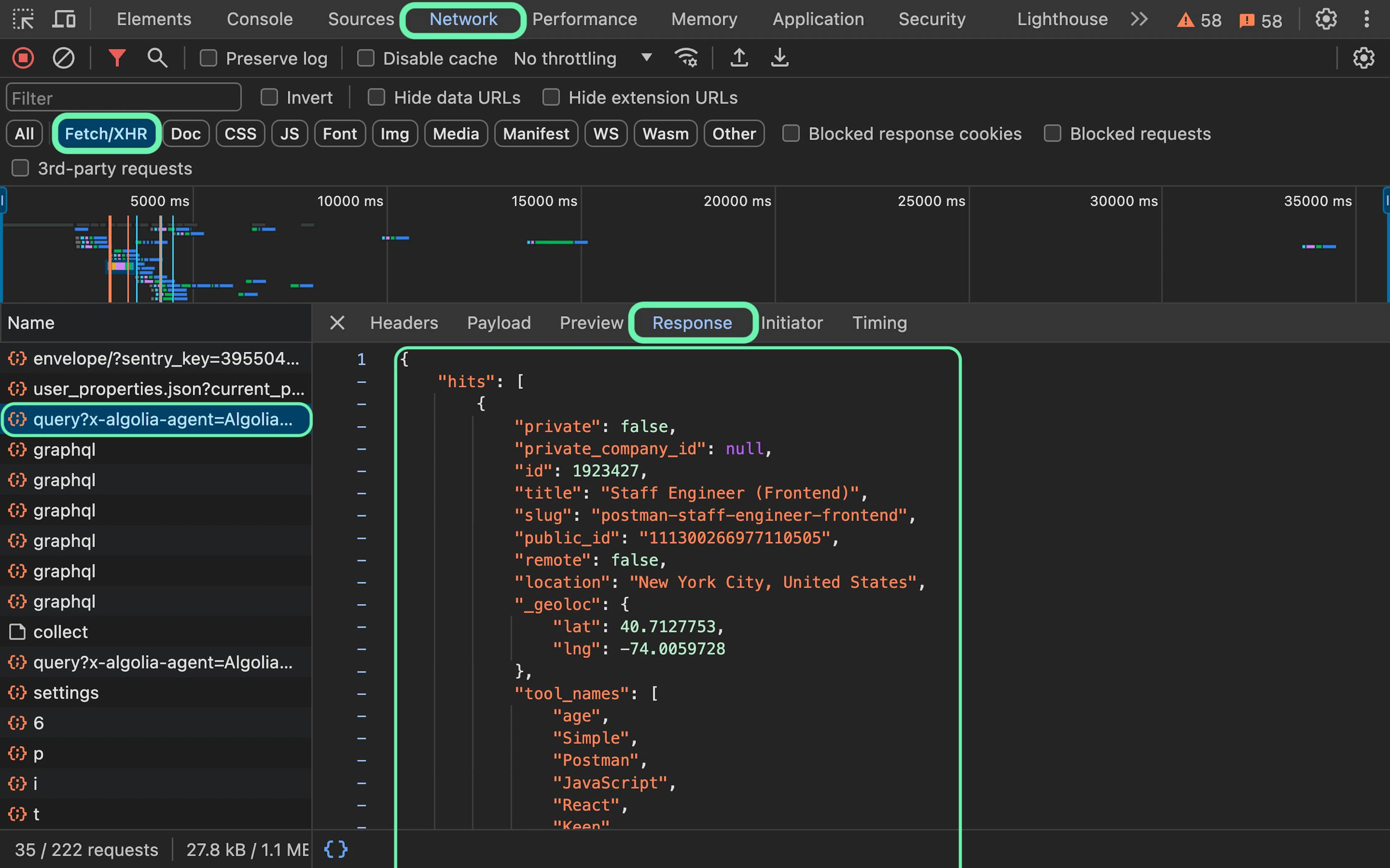Opening the JSON resource via Developer Tools