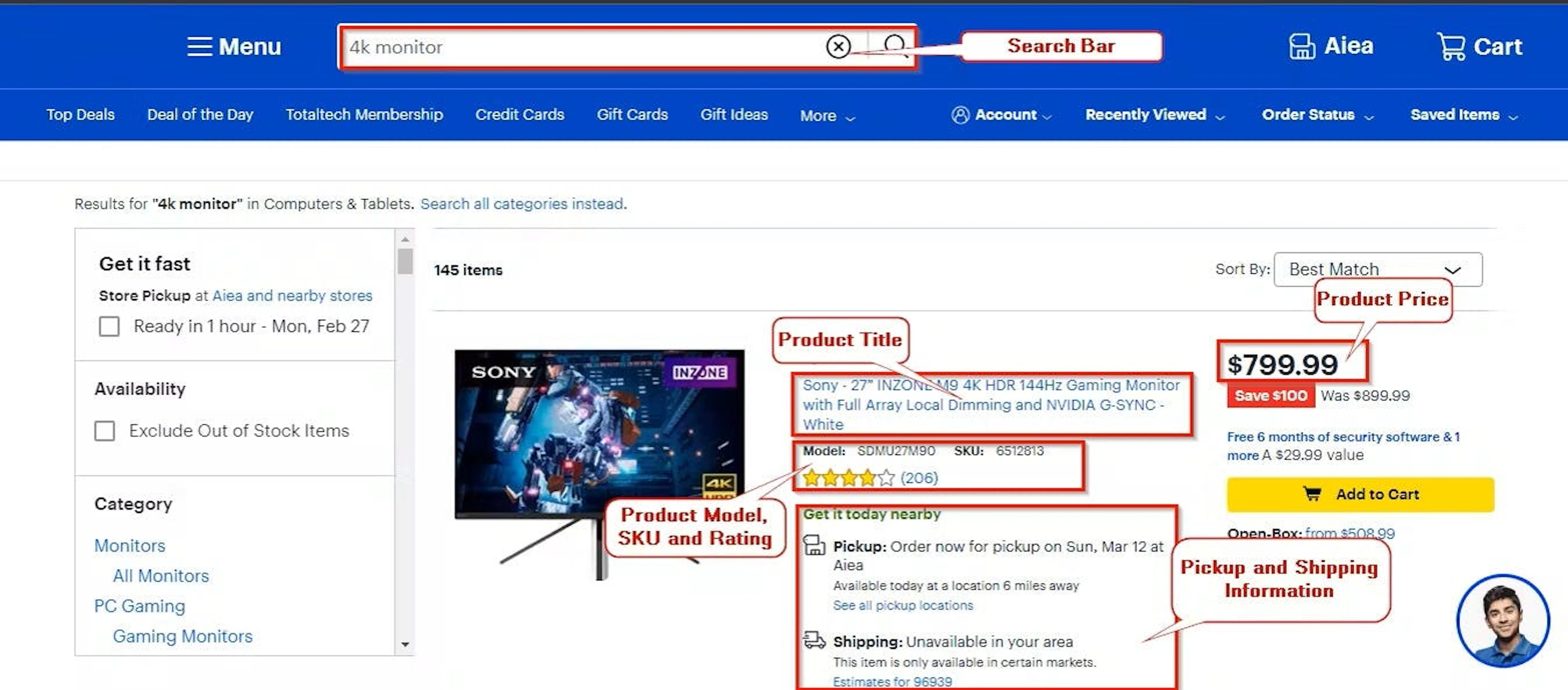 BestBuy page structure on a computer