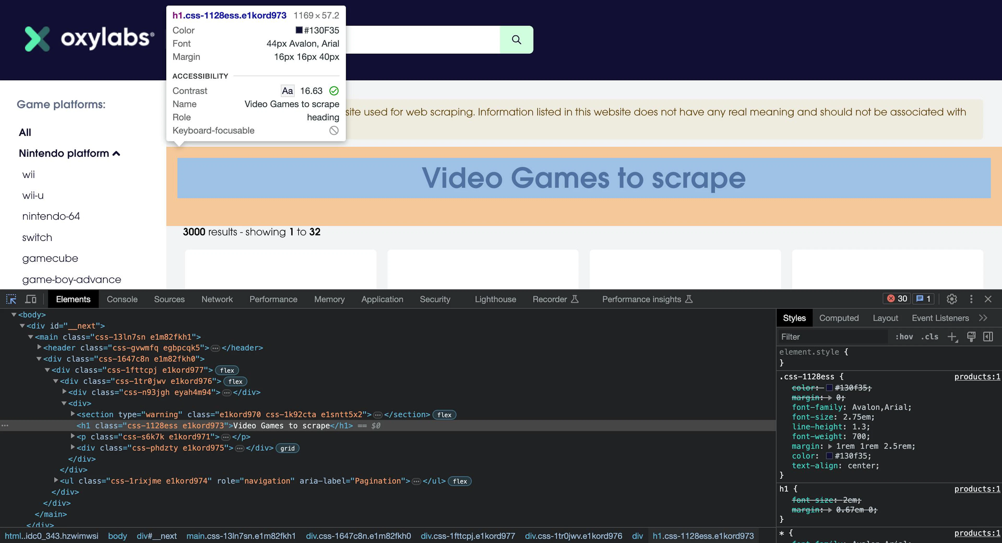 Using Developer Tools to locate the H1 heading