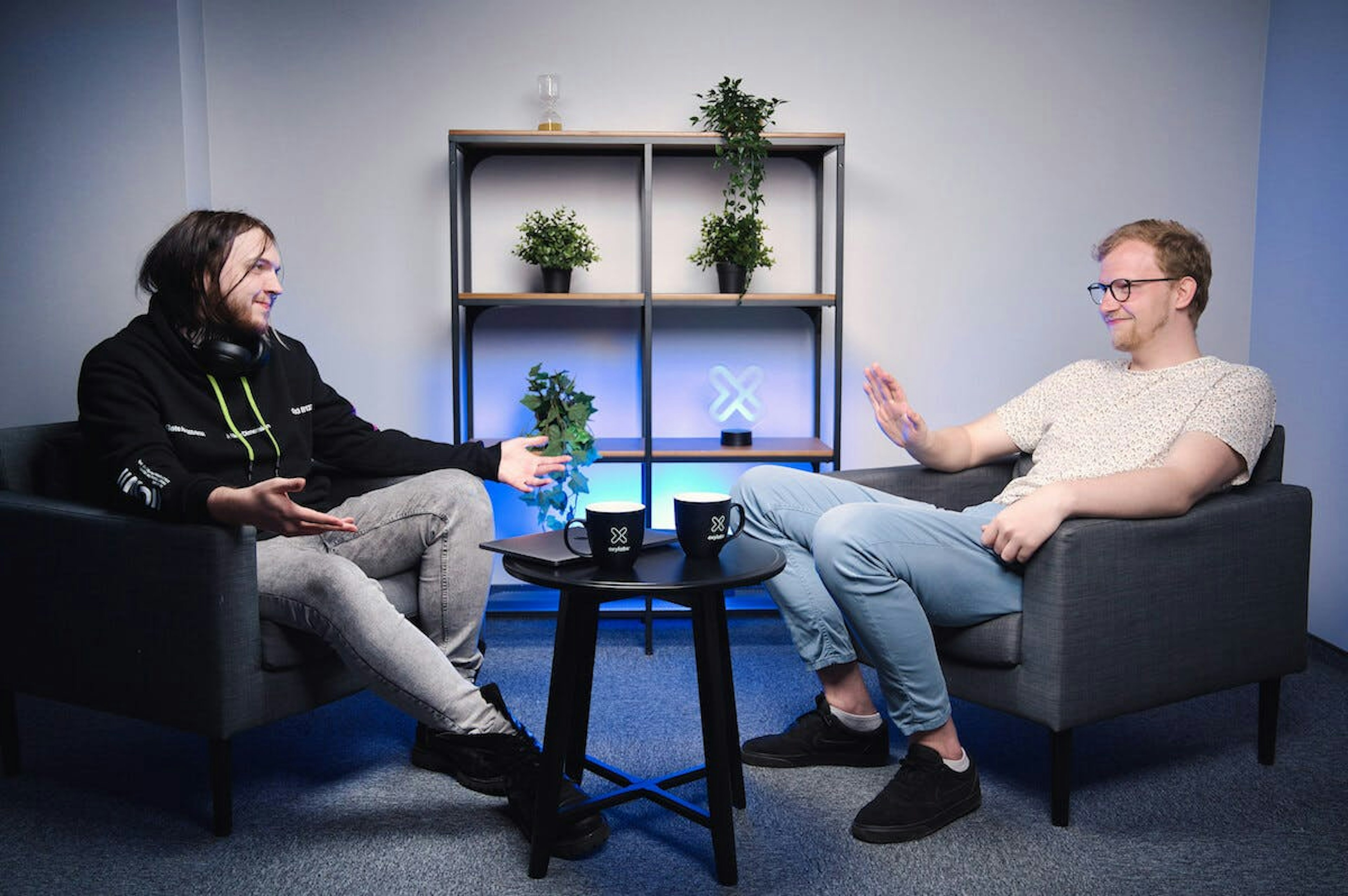 Augustinas and Jurijus on the set of OxyCast #6 episode