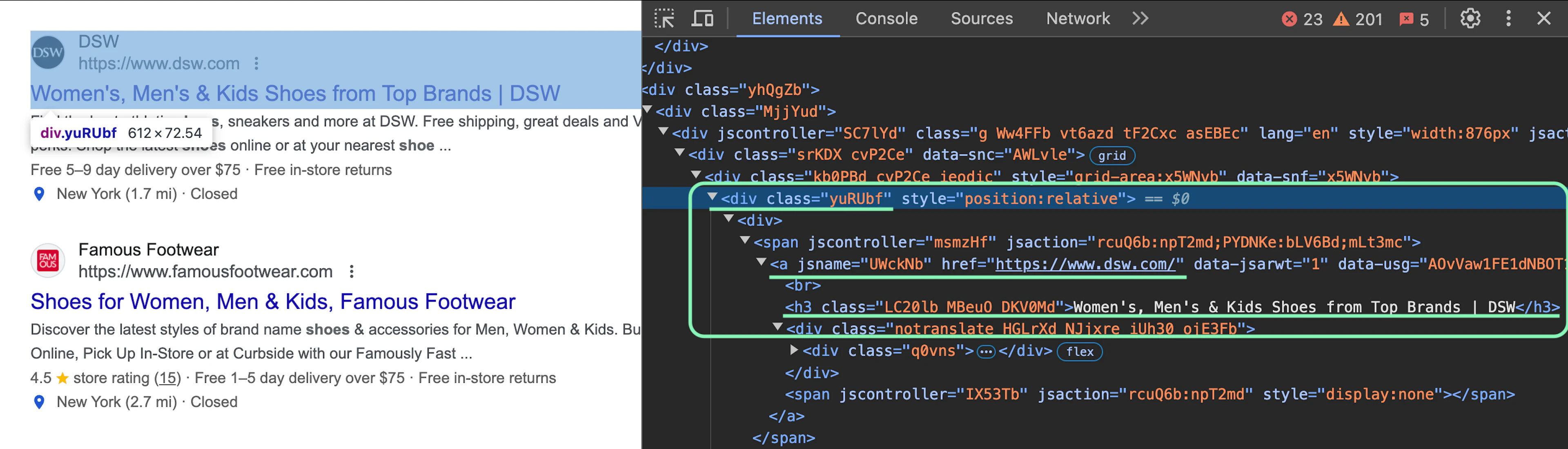 Inspecting the Google Search page via Dev Tools