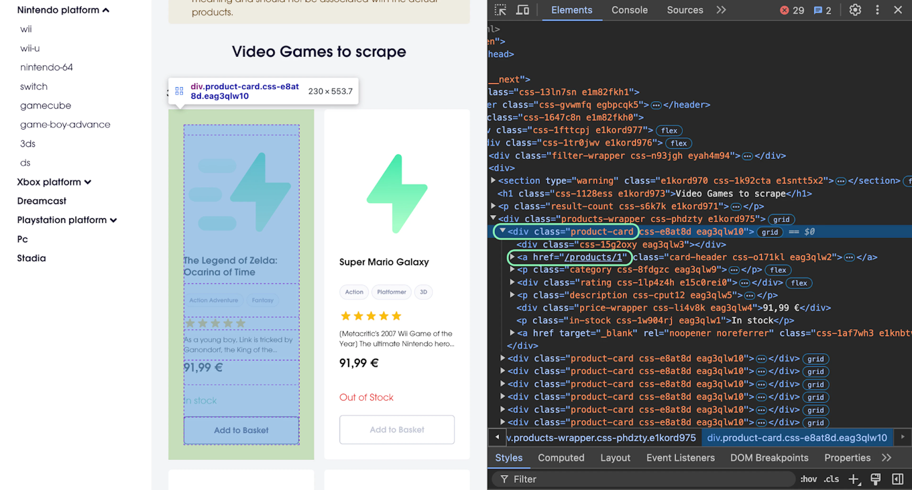 Using browser DevTools to scrape web pages and identify HTML elements