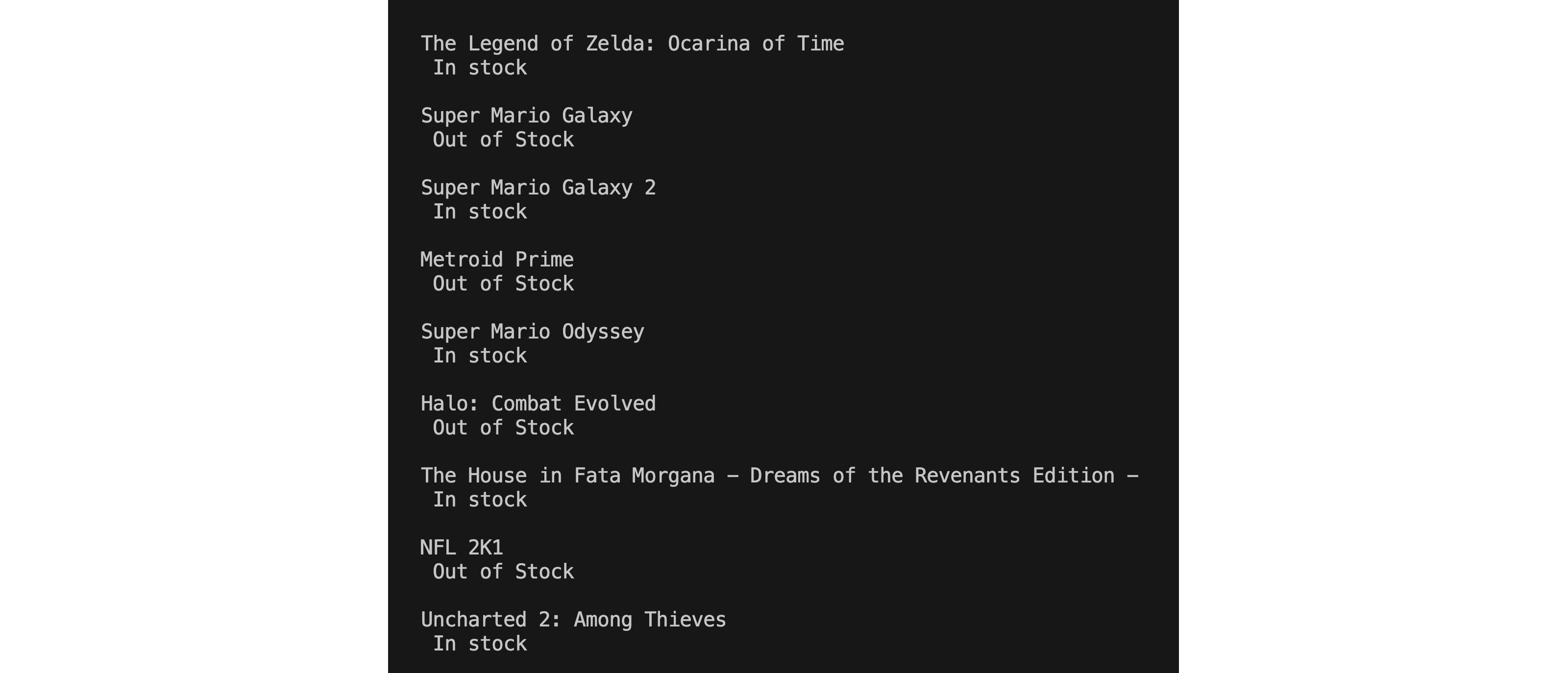 Viewing a snippet of the scraped and printed results in the console