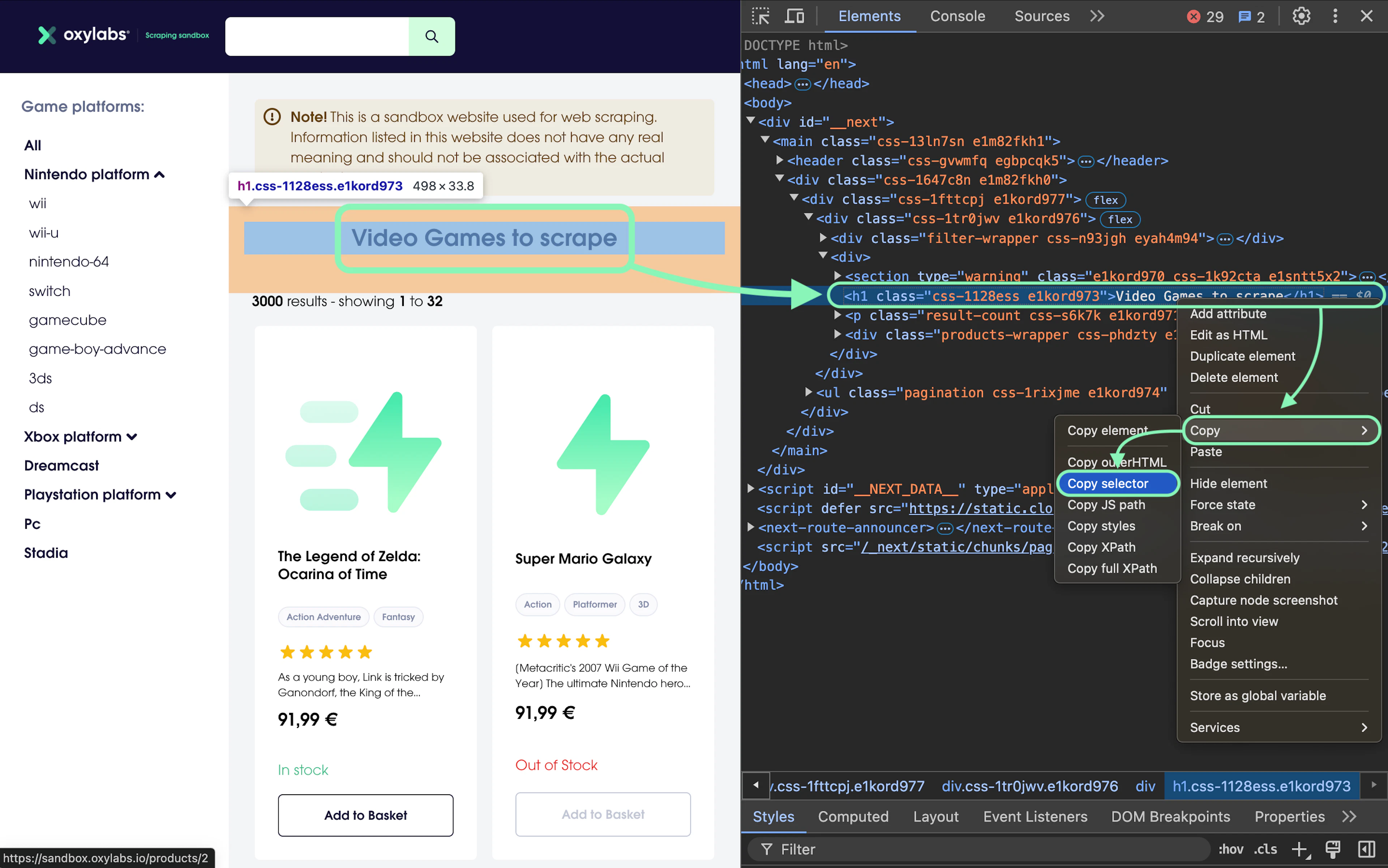 Copying the selector for web scraping via Dev Tools