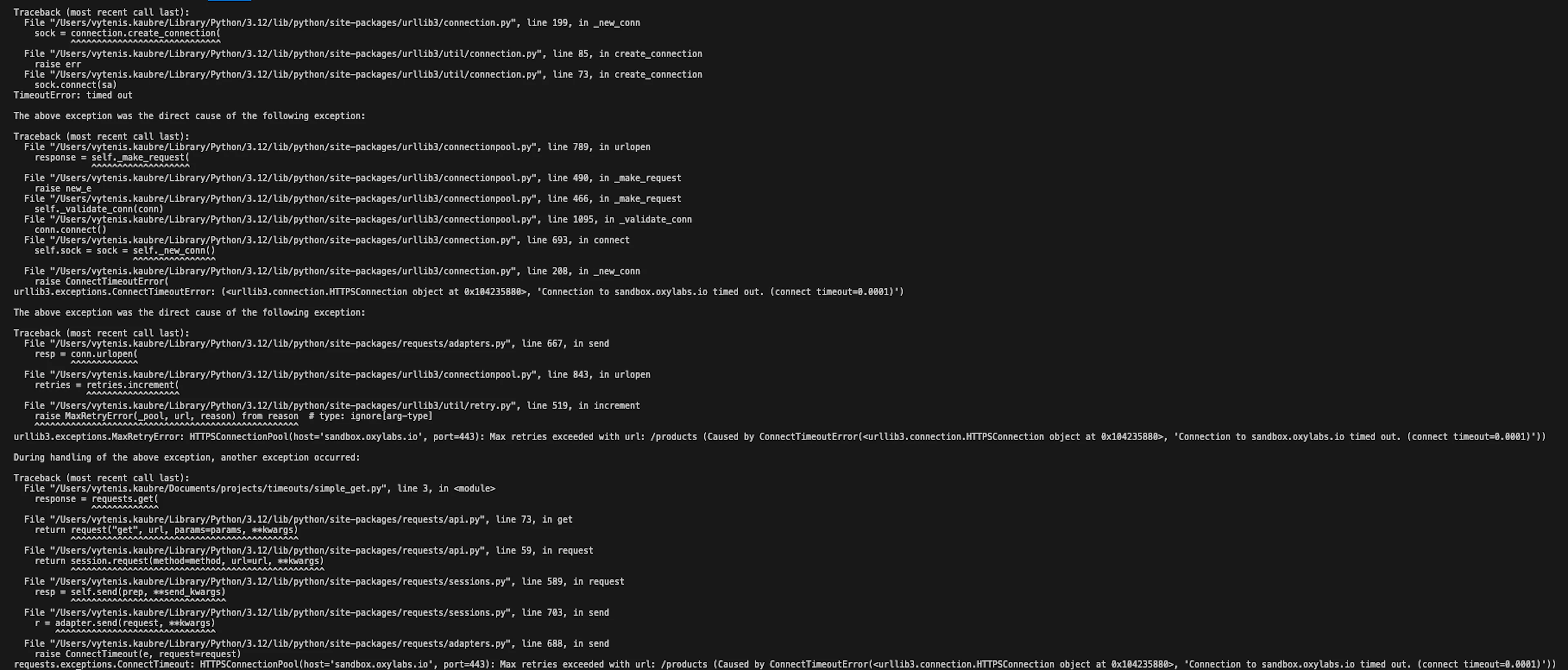 Viewing the full traceback message in the Terminal