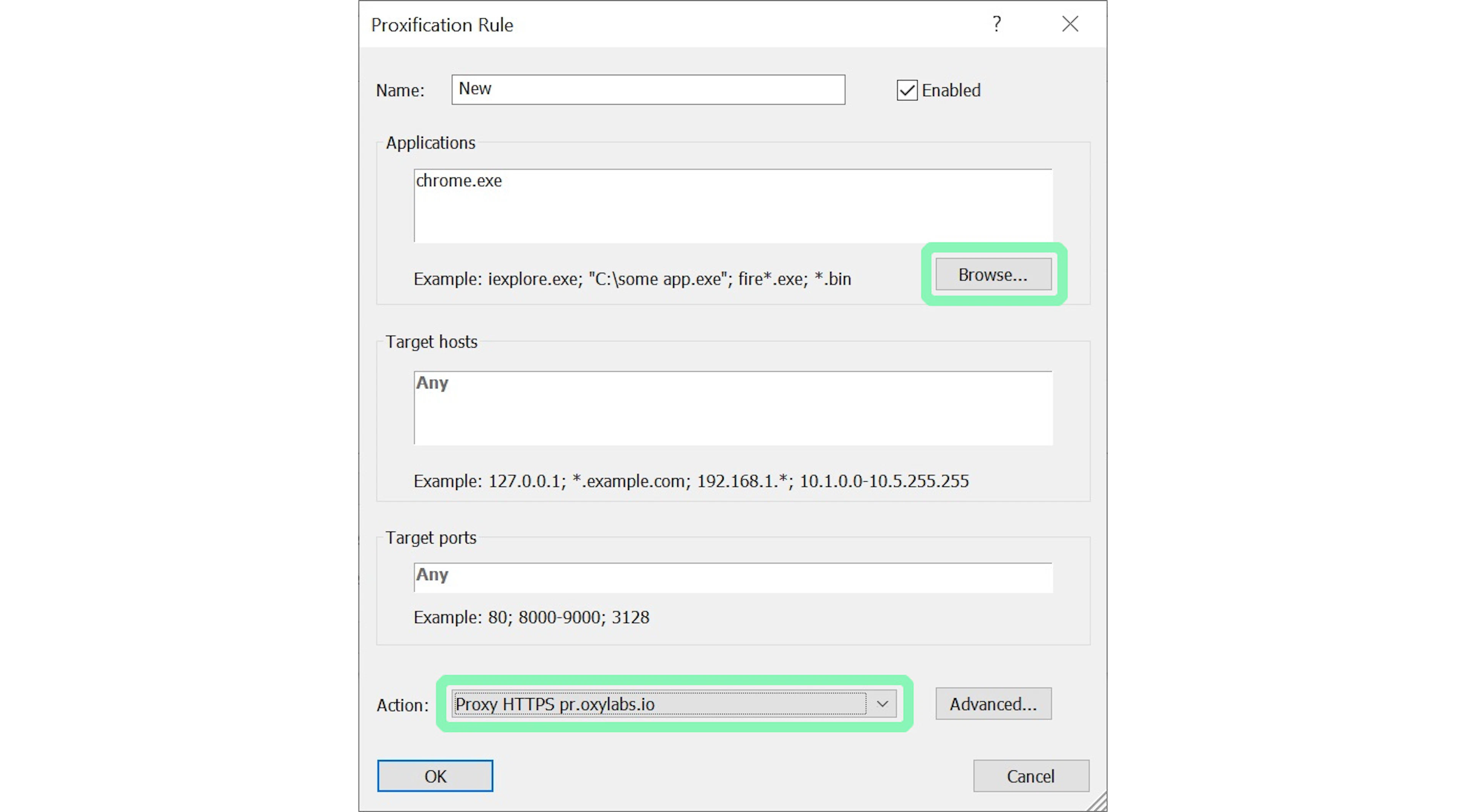 Configuring a proxification rule for Chrome