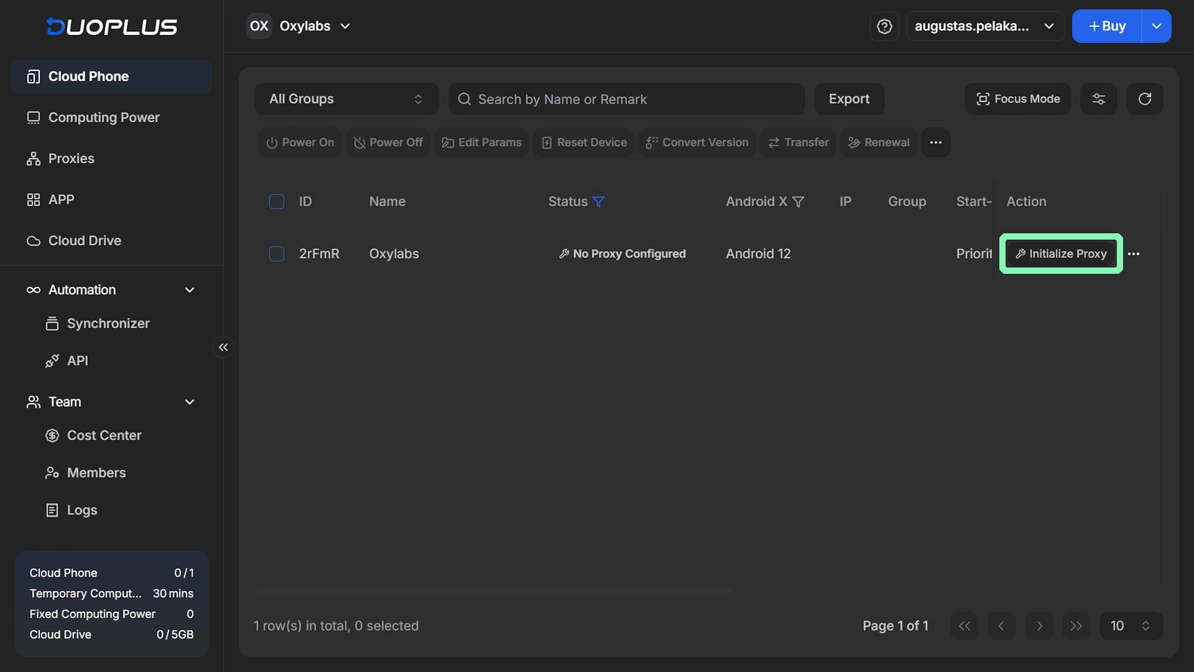 Initializing a proxy for a cloud phone