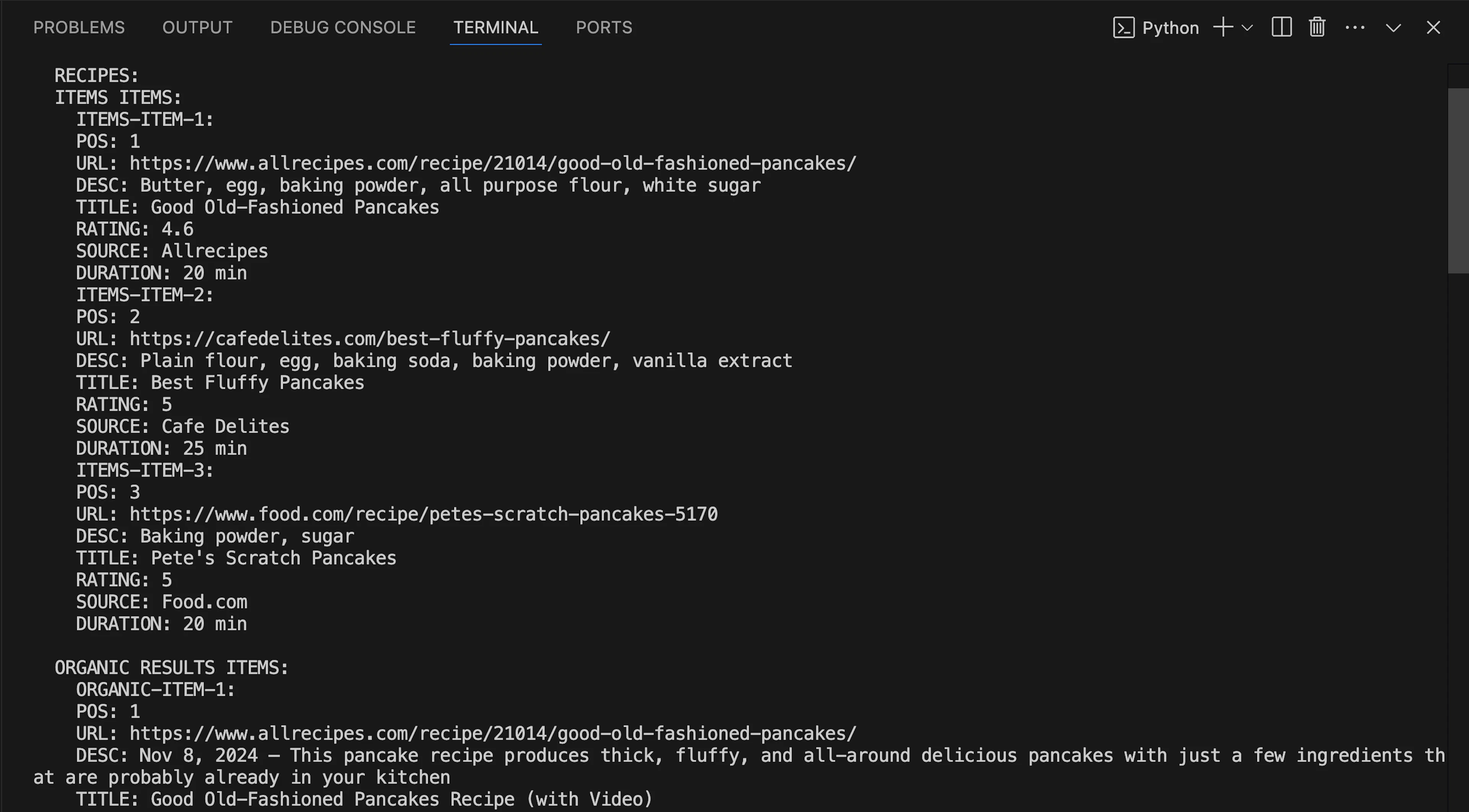 Scraped Google search results printed in the console