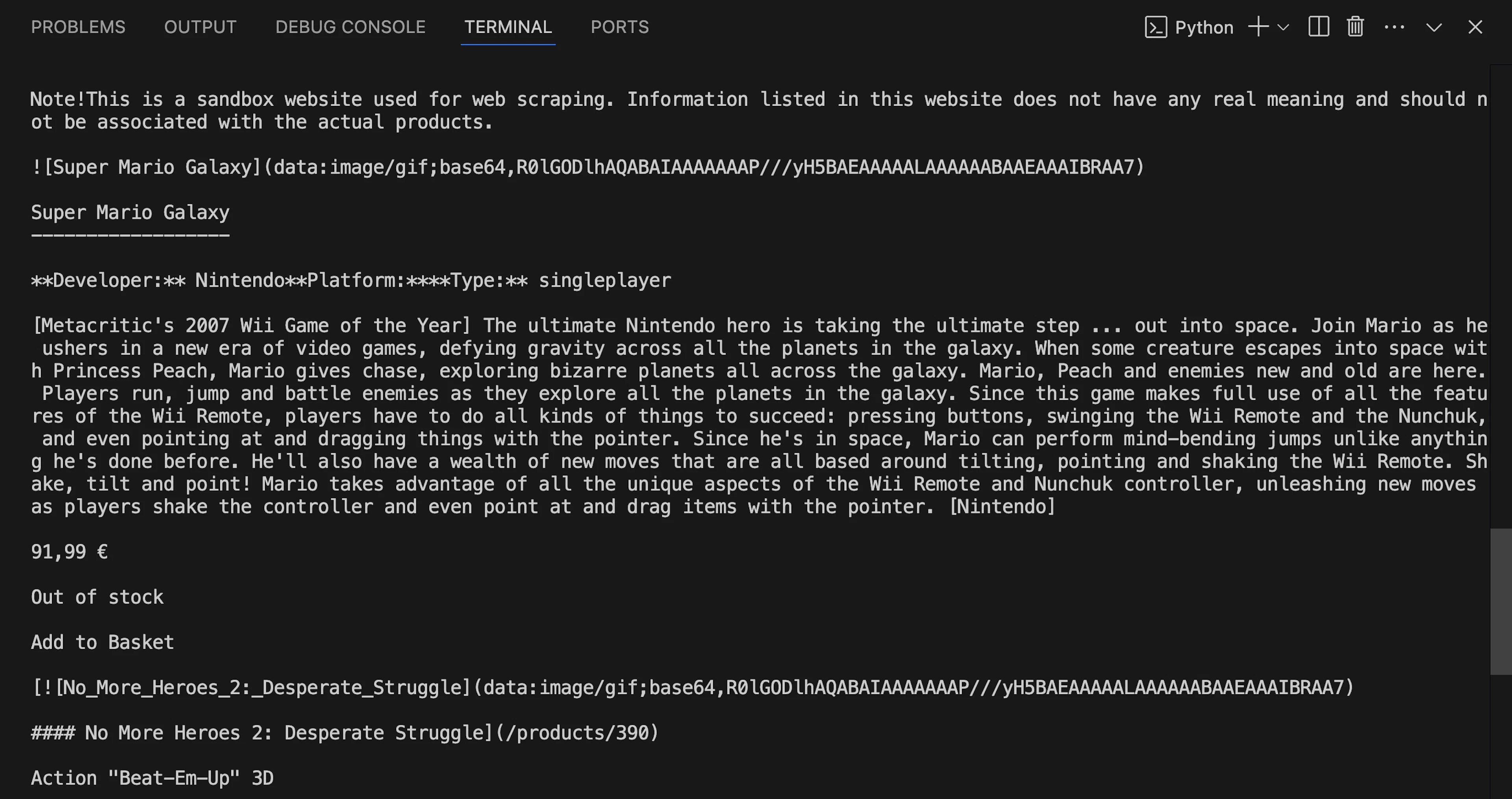 Scraped product data printed in the console