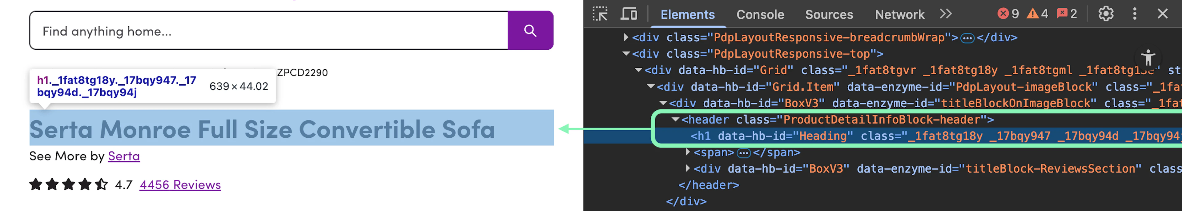 Inspecting the HTML section that contains the title