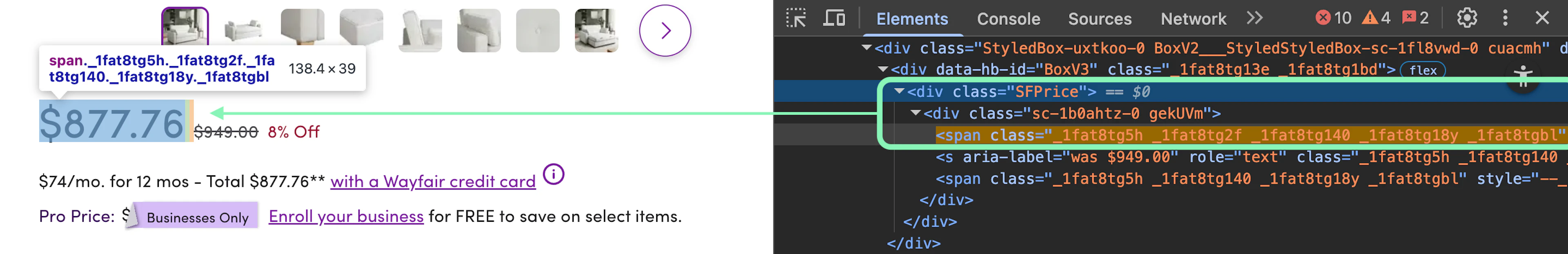 Inspecting the price element
