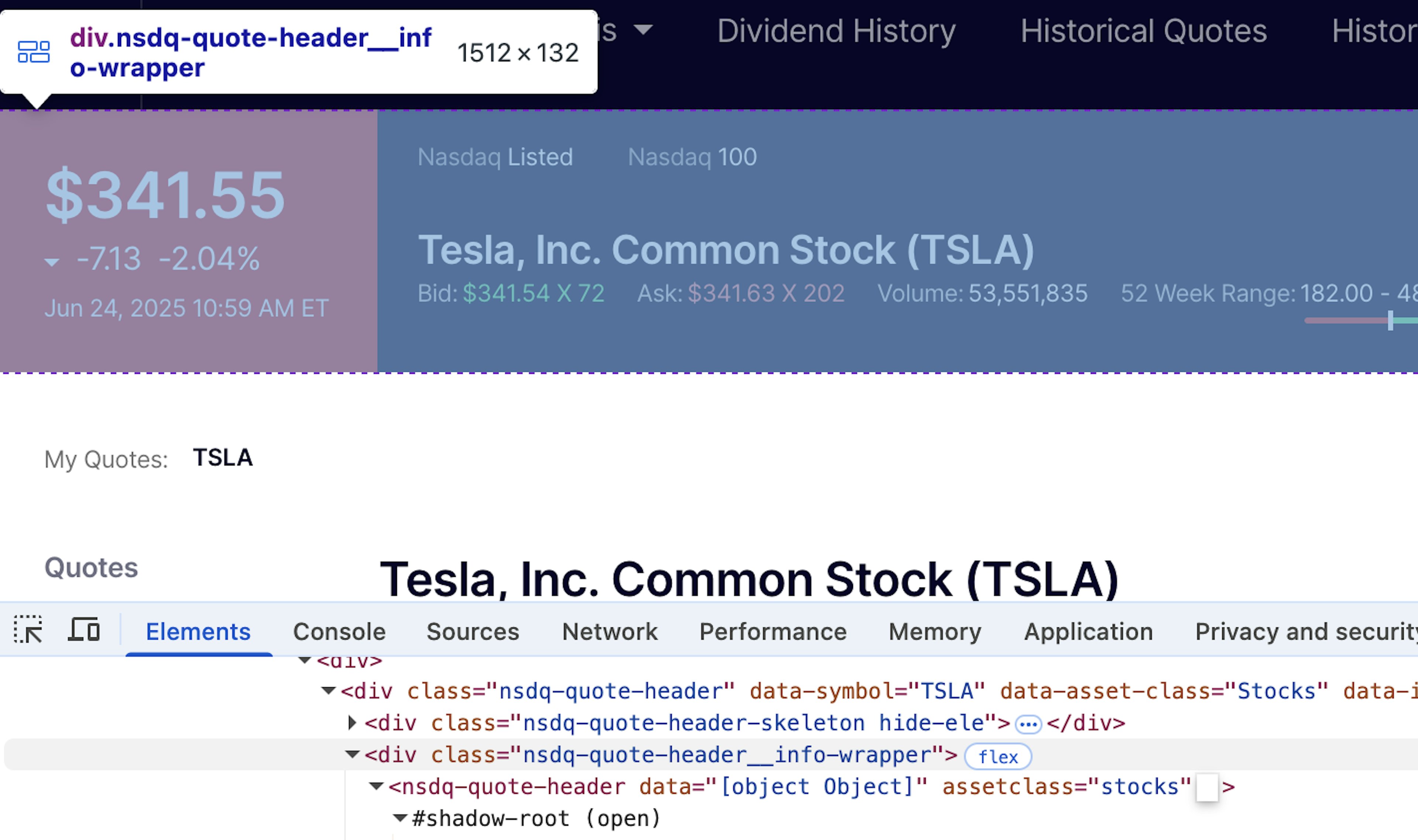 nasdaq stock prices data extraction tutorial – selenium shadow root
