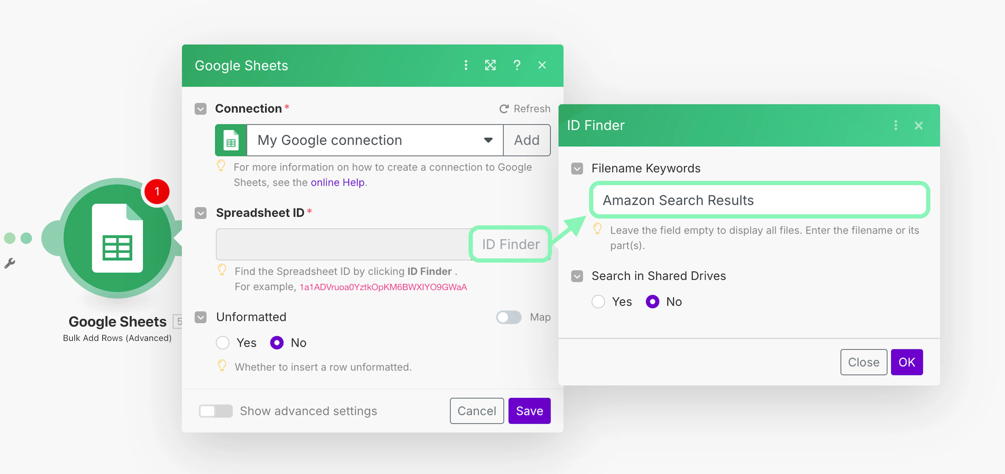 Connecting the spreadsheet