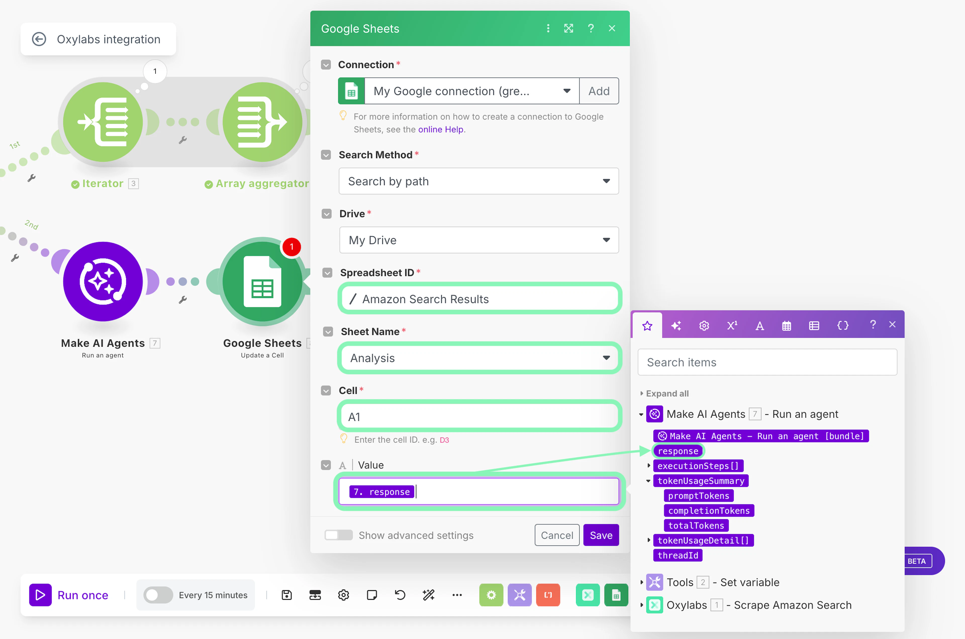 Connecting the Google Sheets - Update a cell module