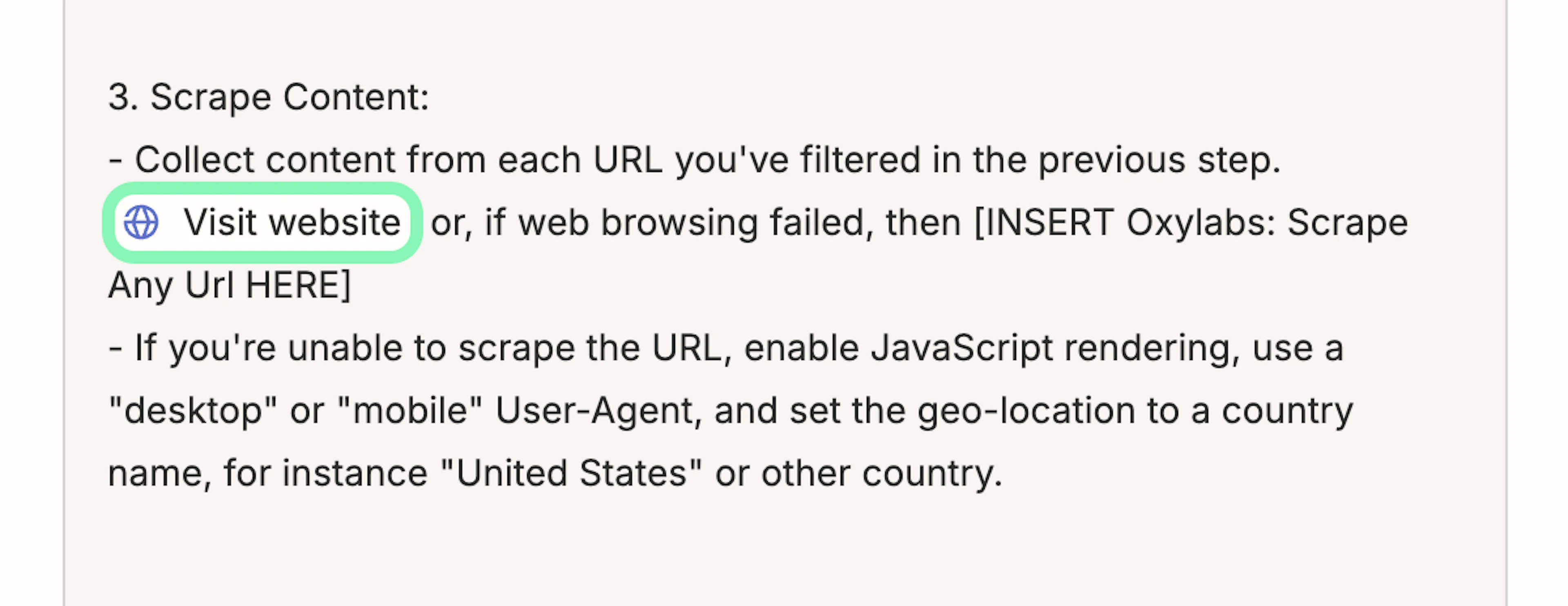Inserting the "Visit website" tool