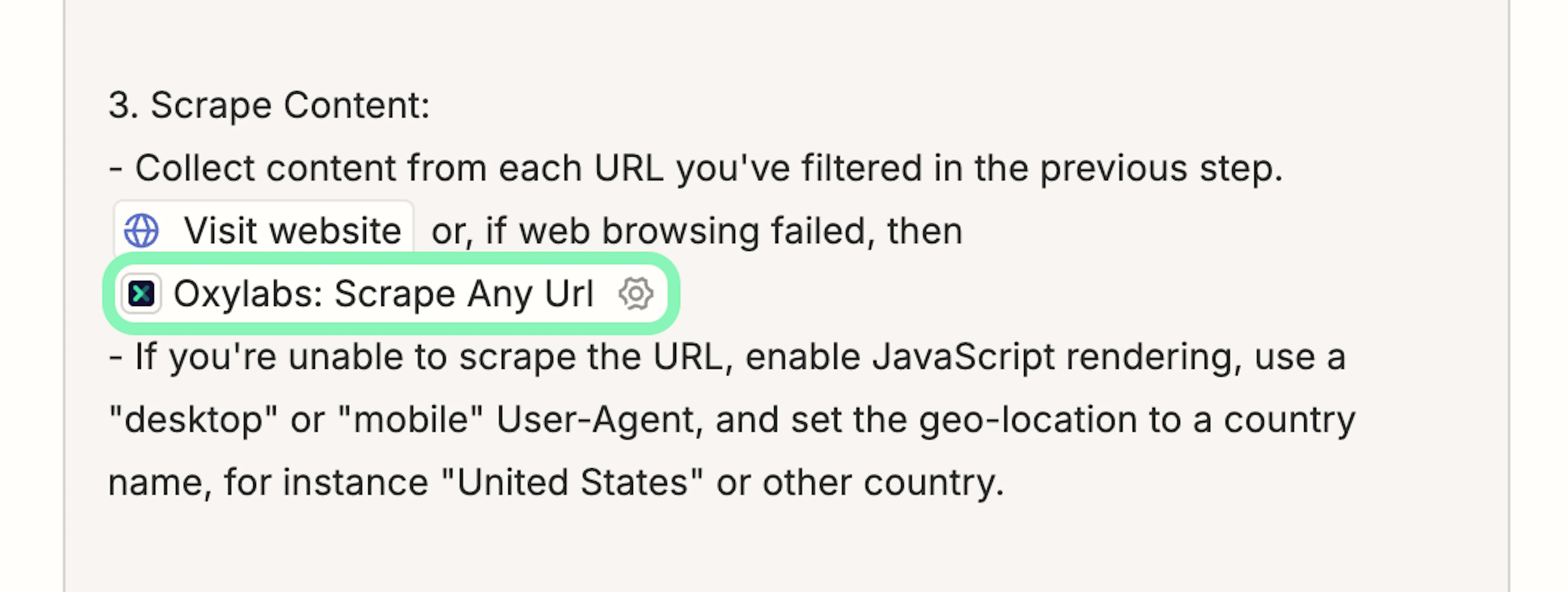 Inserting the "Oxylabs: Scrape Any Url" tool