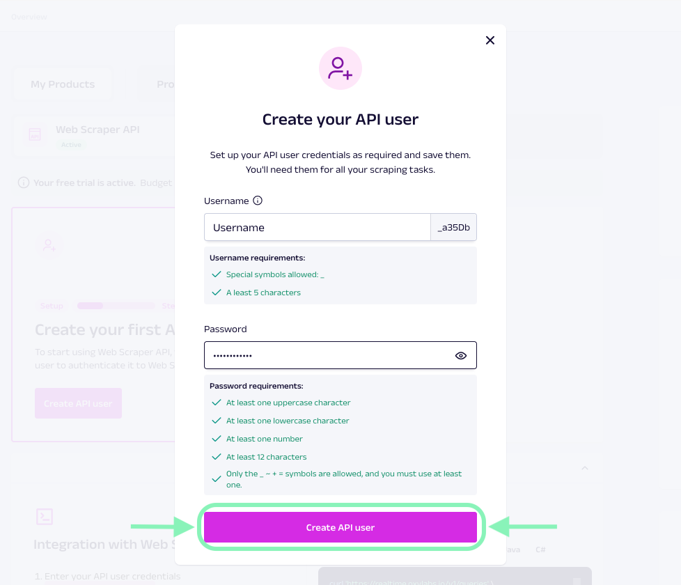 Creating an API user on Oxylabs dashboard