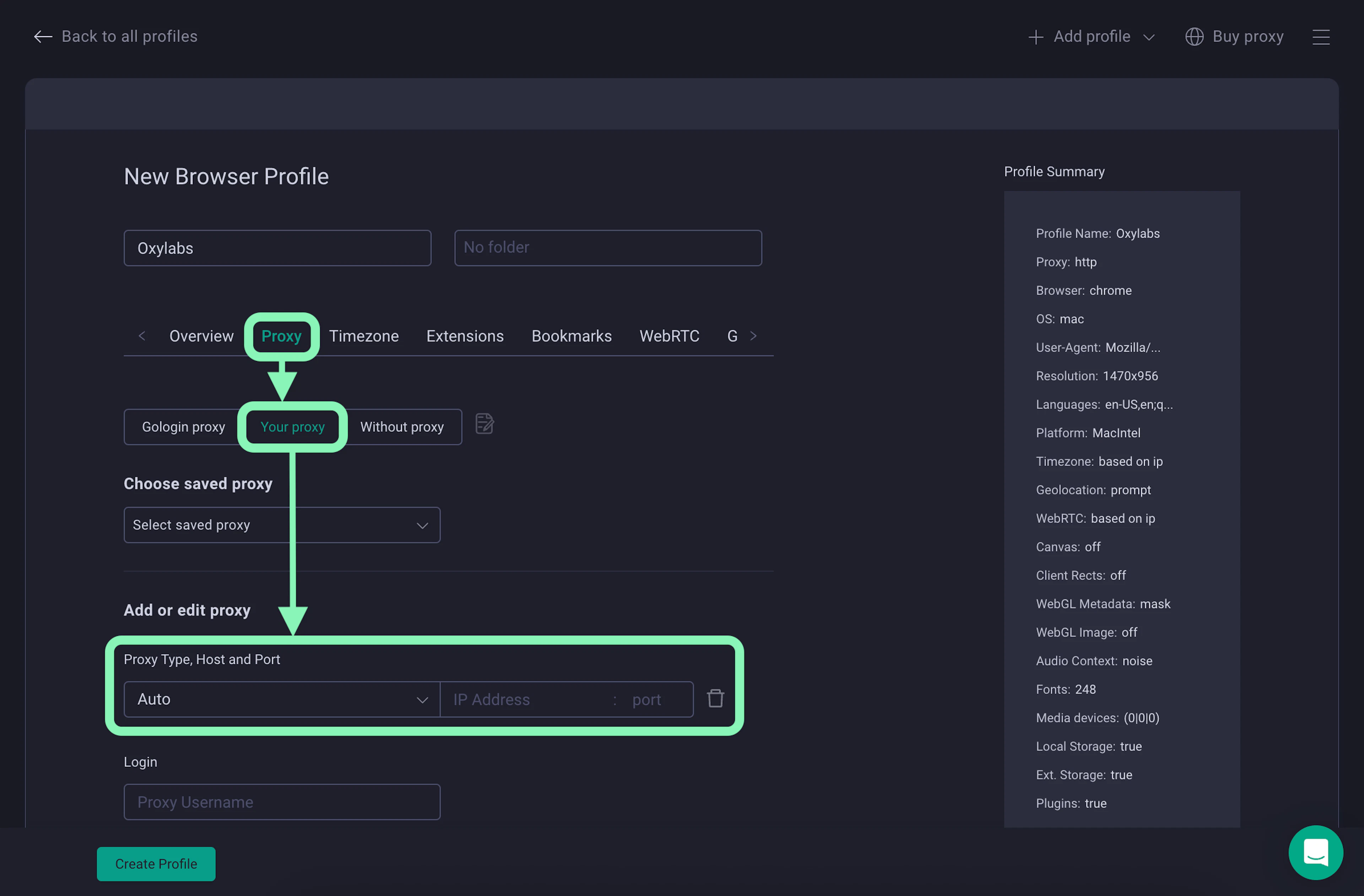 GoLogin add proxy details