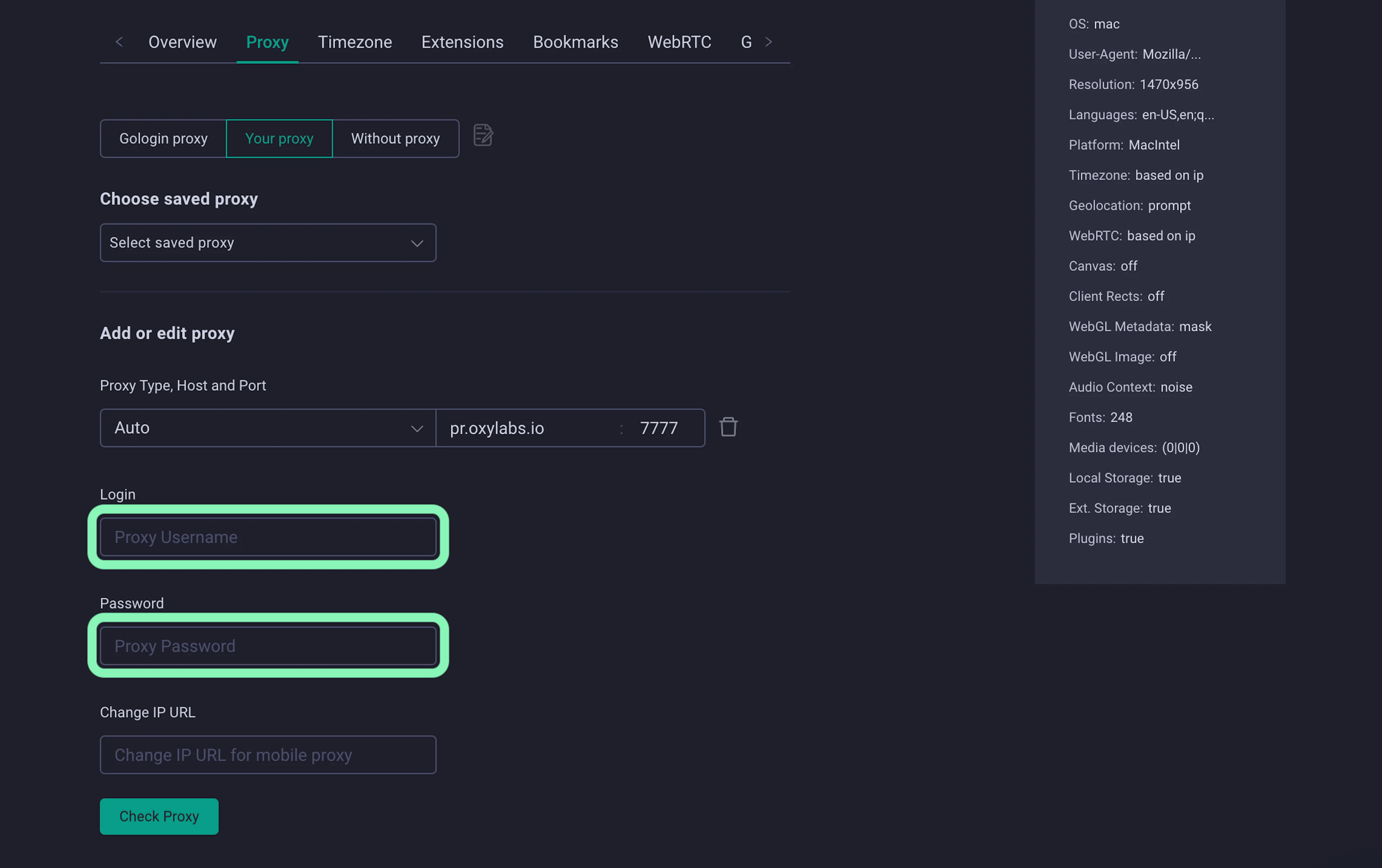 Add user credentials to the proxy setup of GoLogin profile