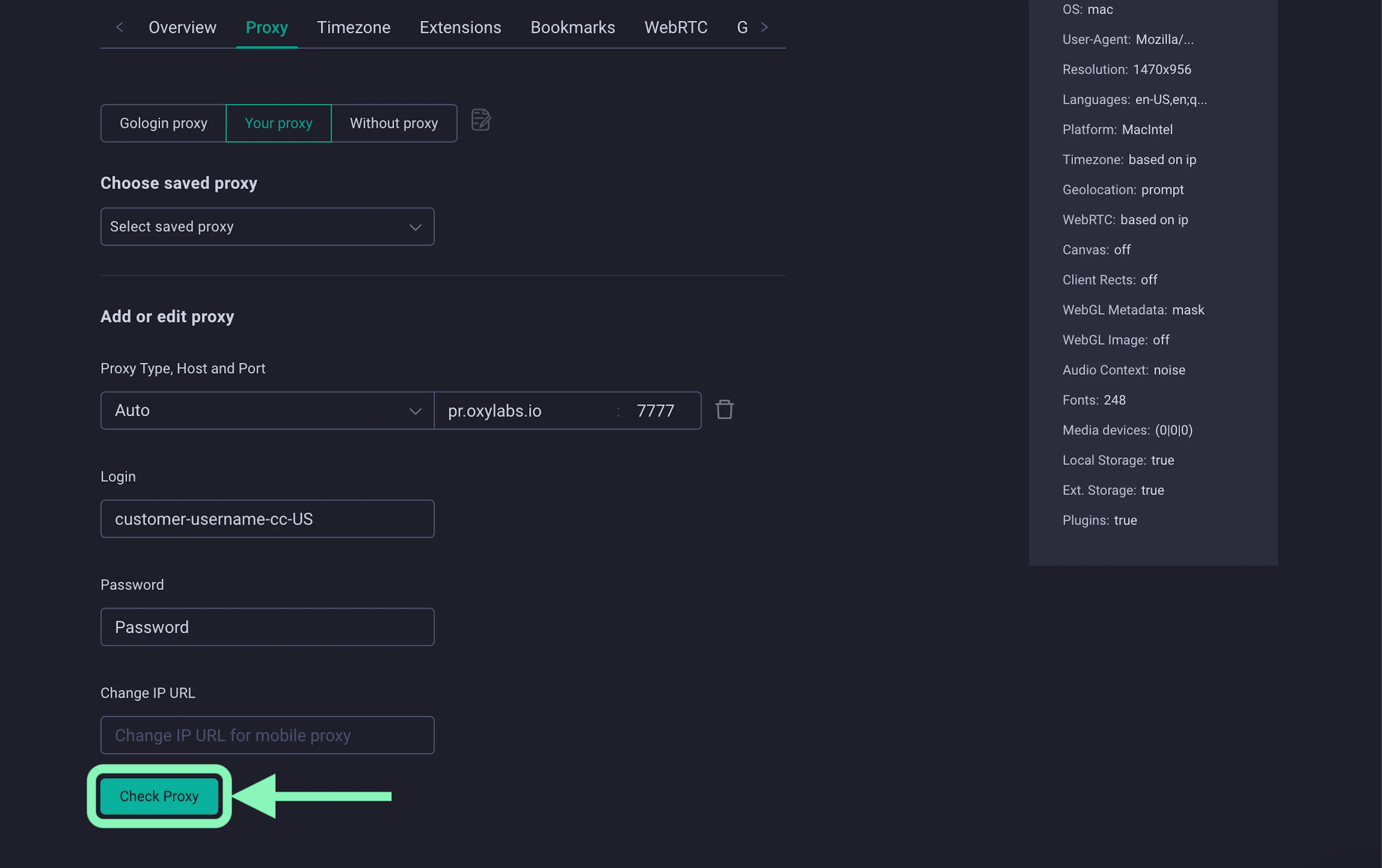 Testing proxy connection in GoLogin profile creation